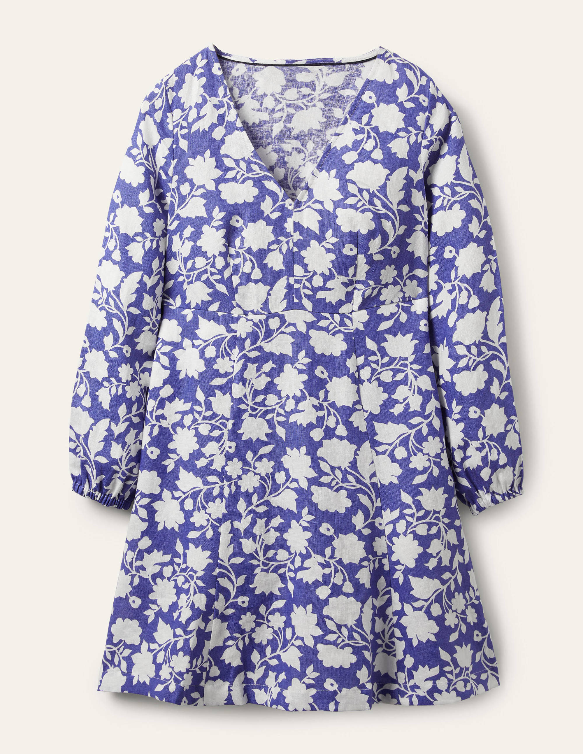 Ausgestelltes Minikleid mit V-Ausschnitt-Glockenblumenblau, Botanische Silhouette - Image 5