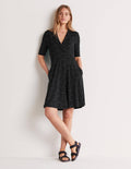 Fixed Wrap Jersey Dress-Black Scattered Spot