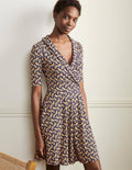 Robe à effet portefeuille fixe en jersey-Bleu marine foncé, motif Paradise Peacock