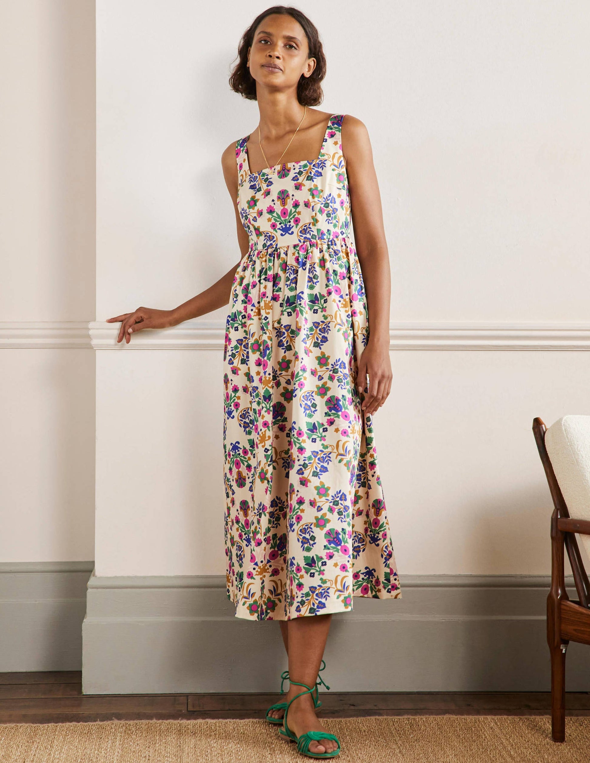 Violet Midikleid mit eckigem Ausschnitt-Naturweiß, Blumensträuße-1