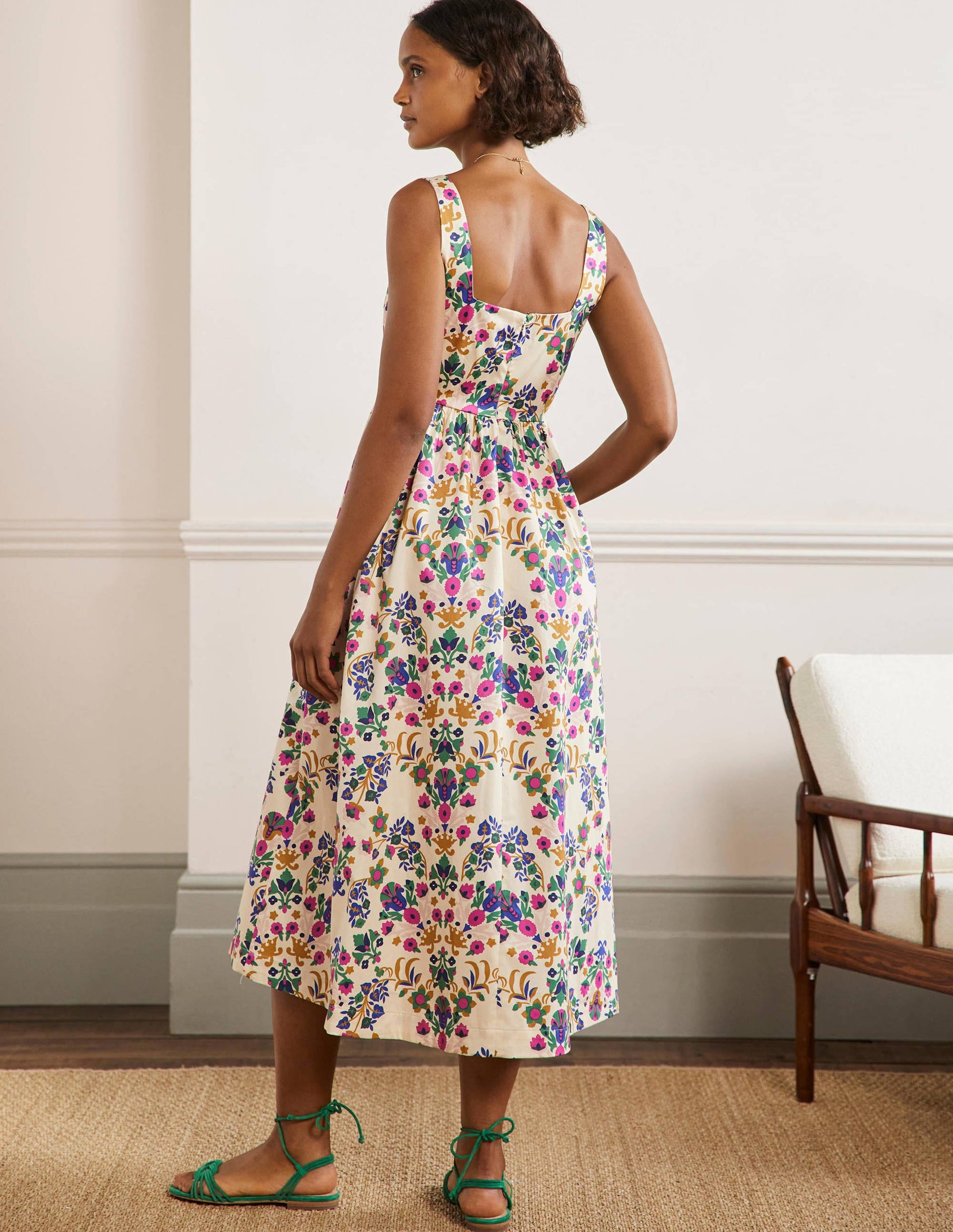 Violet Midikleid mit eckigem Ausschnitt-Naturweiß, Blumensträuße-3