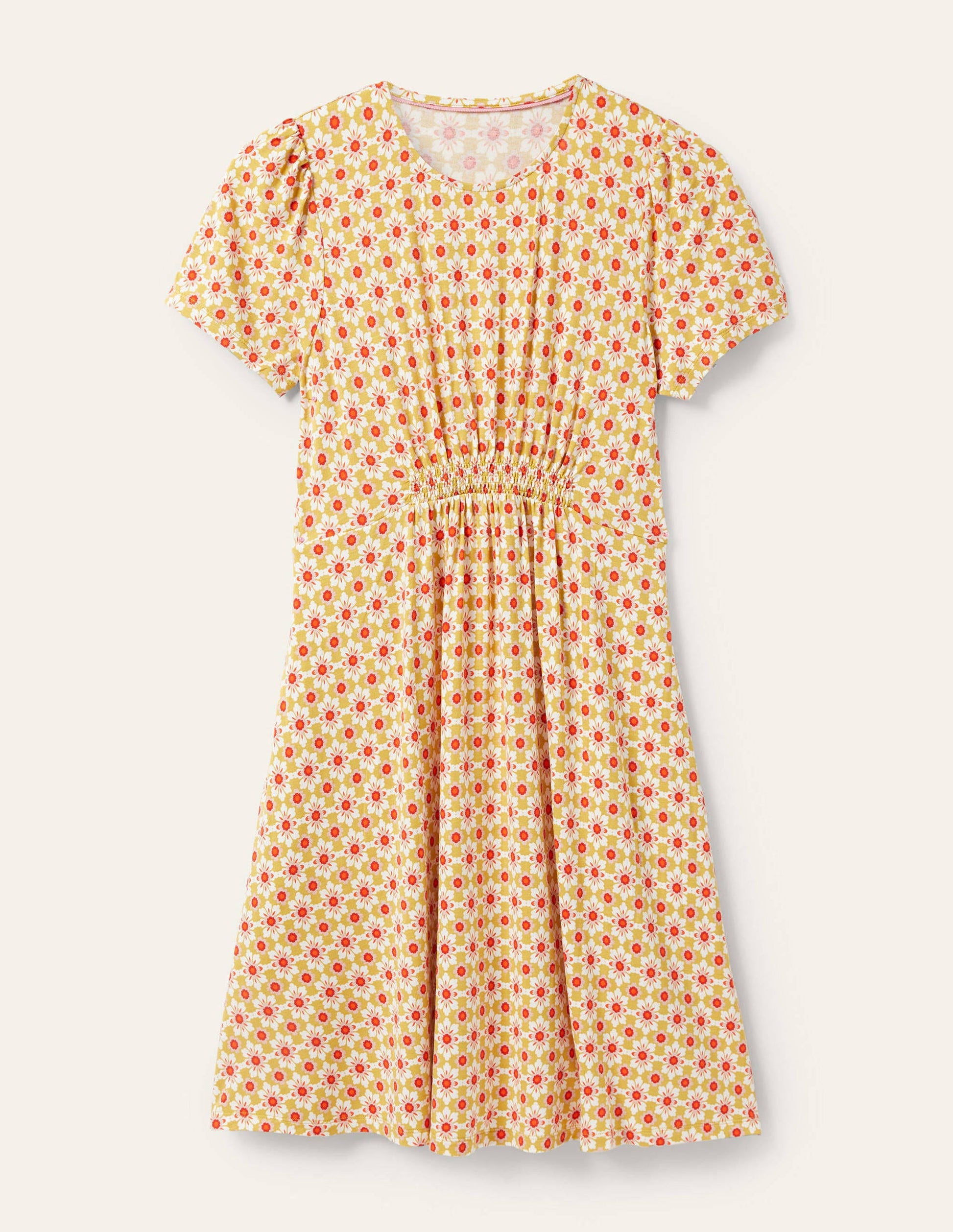 Jerseykleid mit Rundhalsausschnitt-Olivenölgelb, Blumenfliesen-5