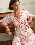 Robe longue à effet portefeuille fixe en jersey-Multi, motif Enchanting Peacock