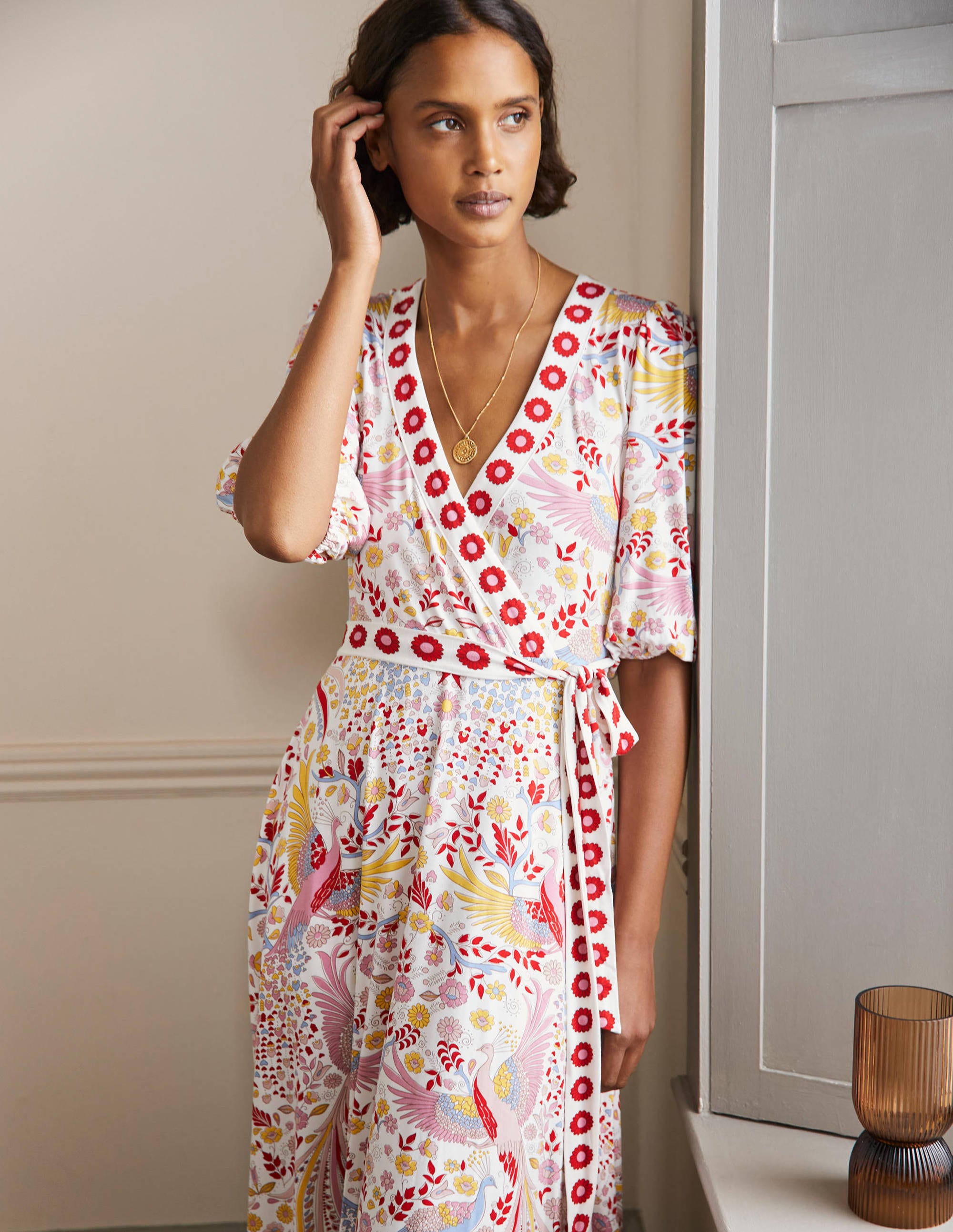 Robe longue à effet portefeuille fixe en jersey-Multi, motif Enchanting Peacock - Image 4