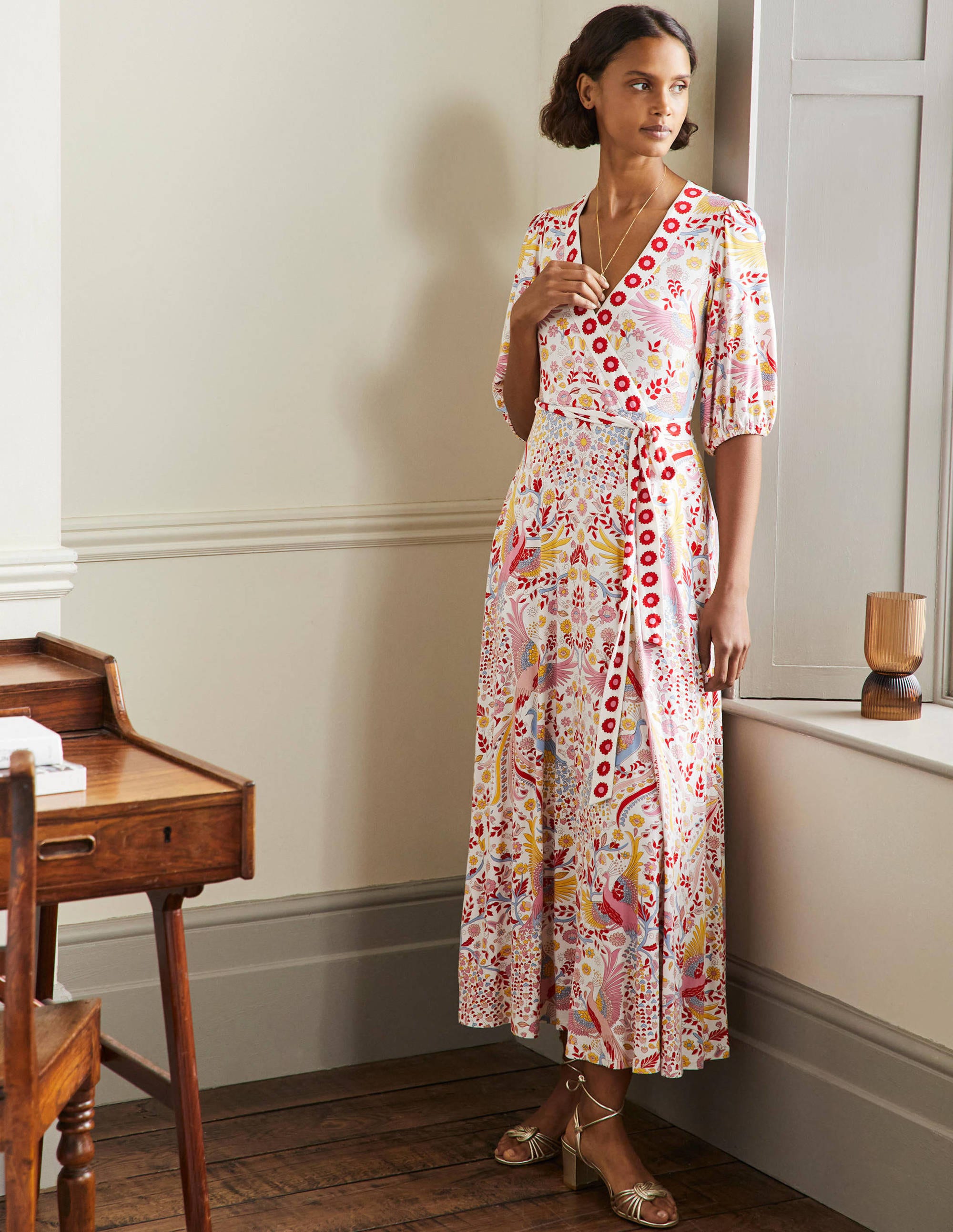 Robe longue à effet portefeuille fixe en jersey-Multi, motif Enchanting Peacock - Image 5