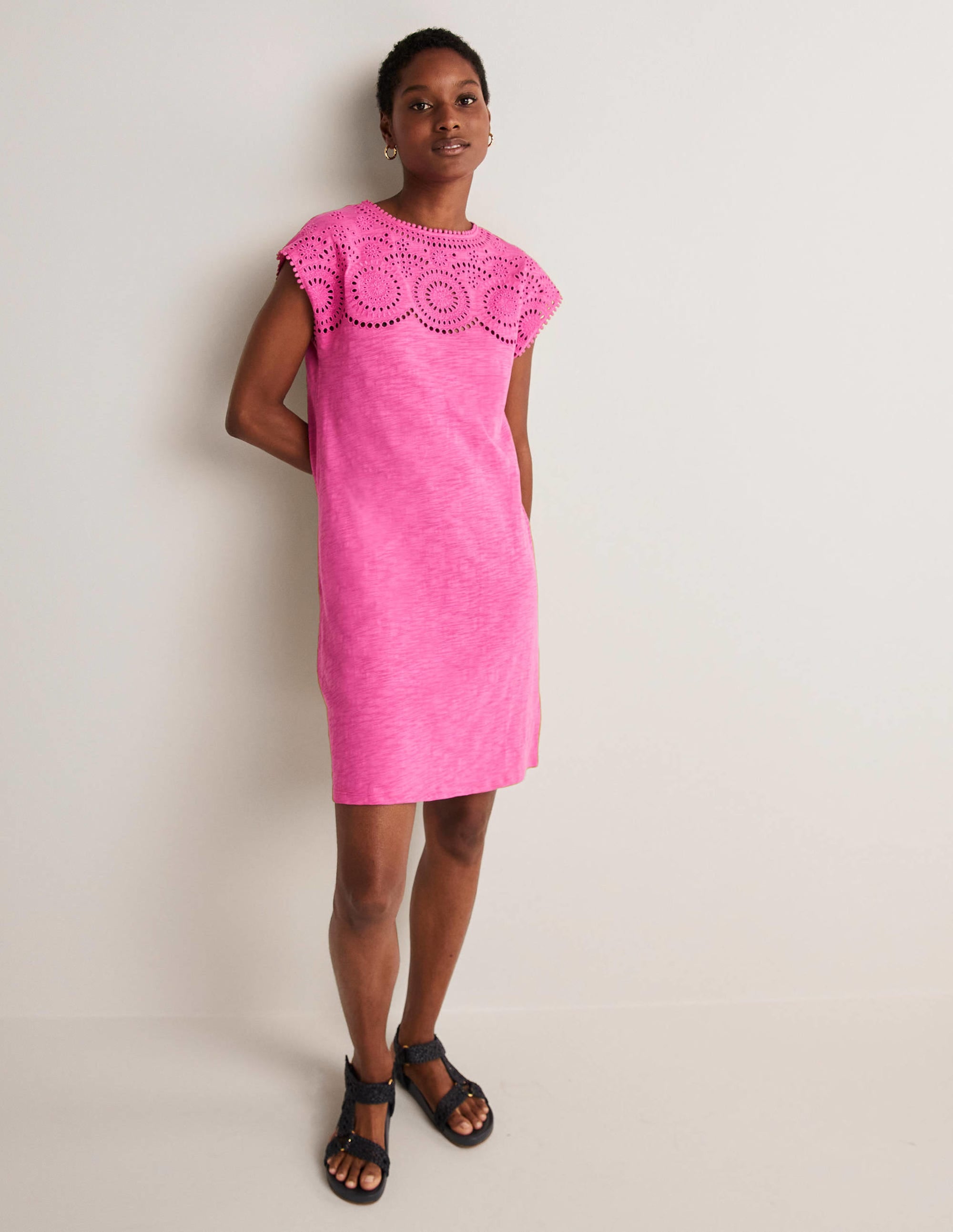 Robe T-shirt ajourée en jersey-Rose pop - Image 4