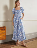 Robe midi avec corsage à smocks-Bleu ancien, motif Wild Flora