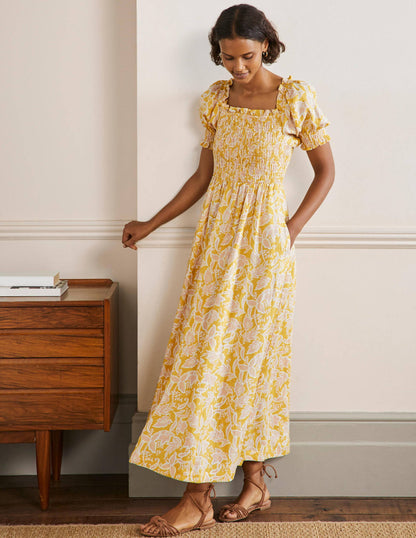 Midikleid mit gesmoktem Oberteil-Buttergelb, Wildblumen