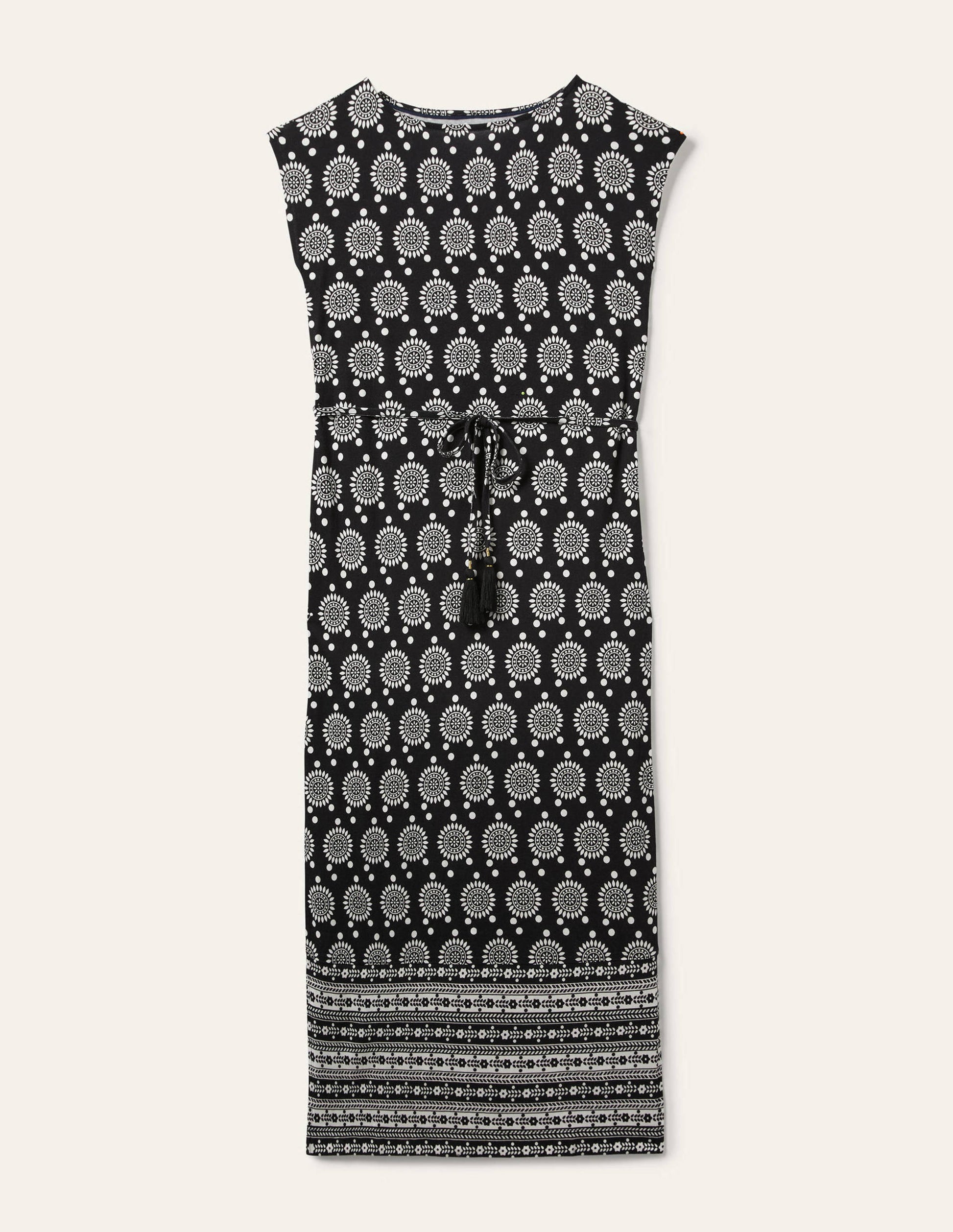 Jersey-Midikleid mit Gürtel-Schwarz, Geometrisches Sonnenmuster-5