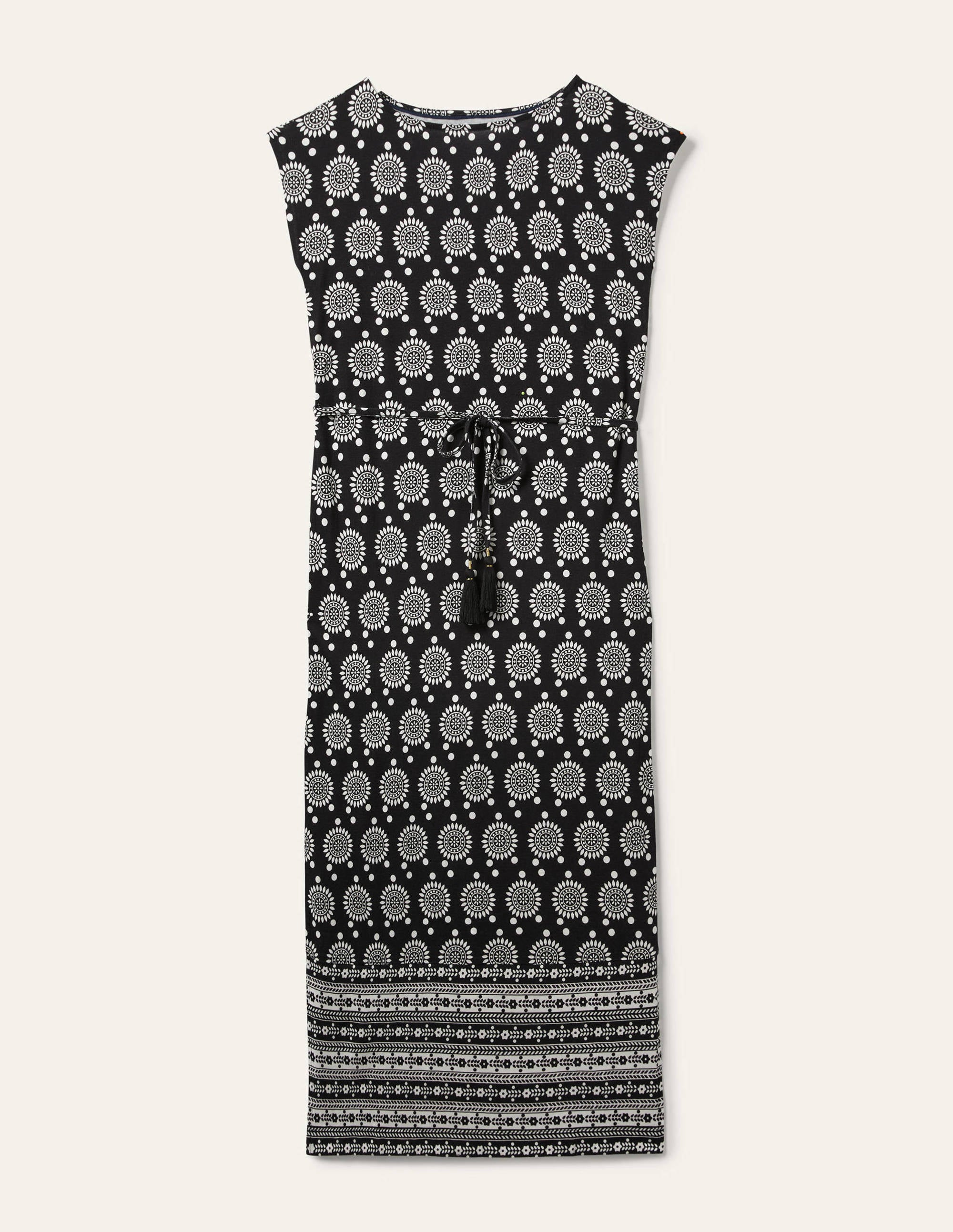 Jersey-Midikleid mit Gürtel-Schwarz, Geometrisches Sonnenmuster - Image 5