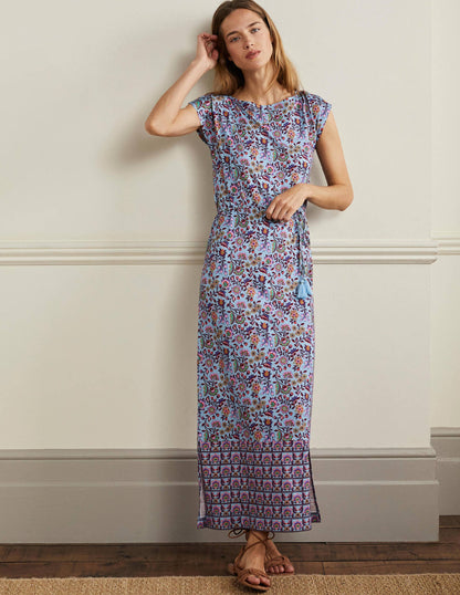 Jersey-Midikleid mit Gürtel-Graublau, Orientalische Wiese-1