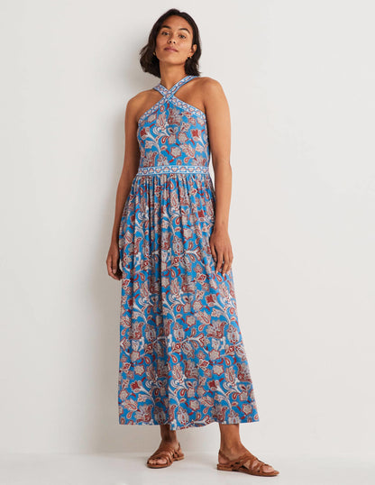 Halterneck Jersey Maxi Dress-Mosaic Blue, Paisley Bud
