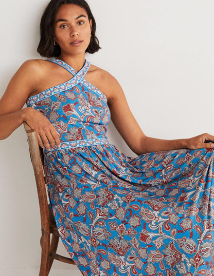 Halterneck Jersey Maxi Dress-Mosaic Blue, Paisley Bud