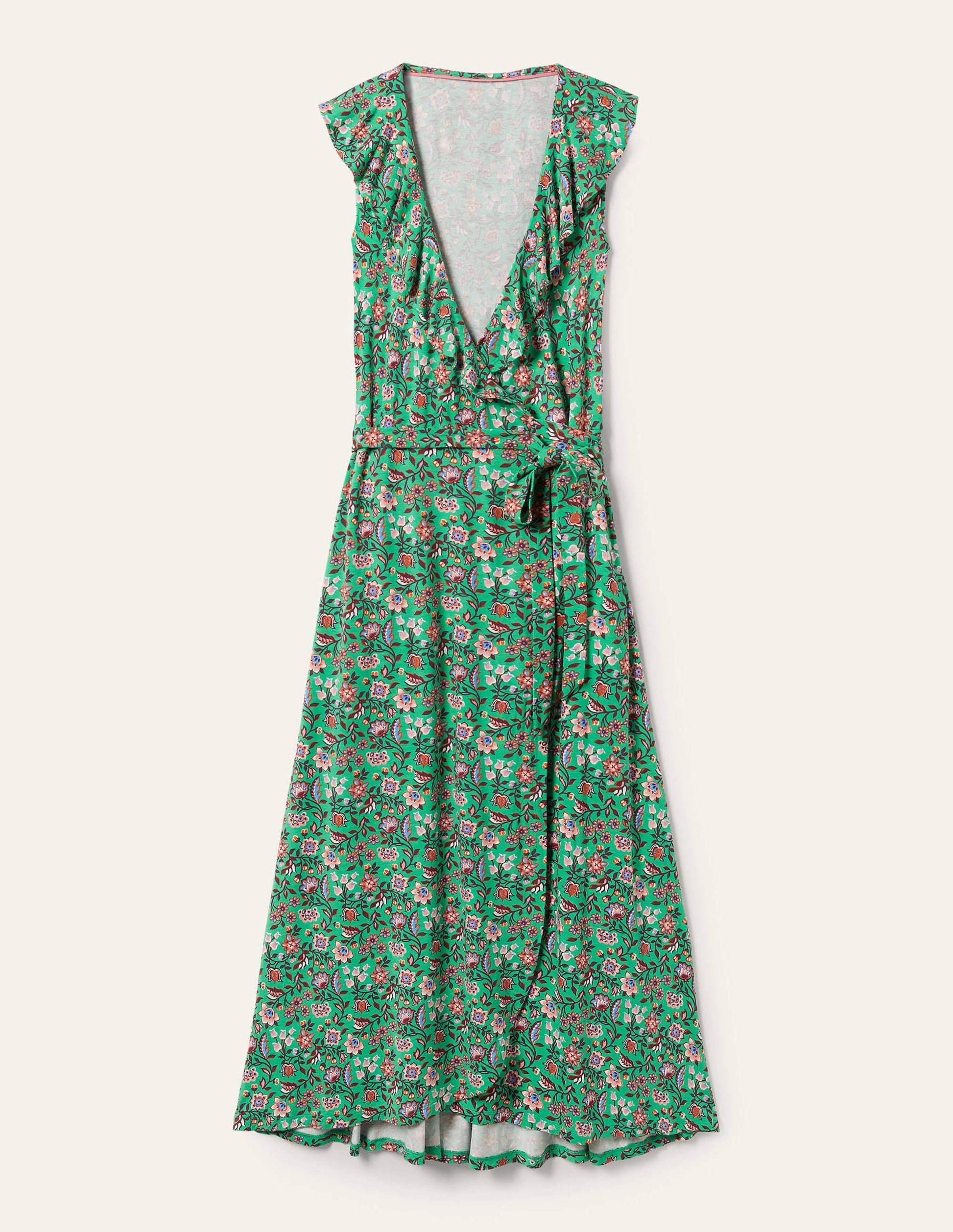 Robe portefeuille longue Saskia en jersey-Lagon vert, motif Oriental Meadow-5