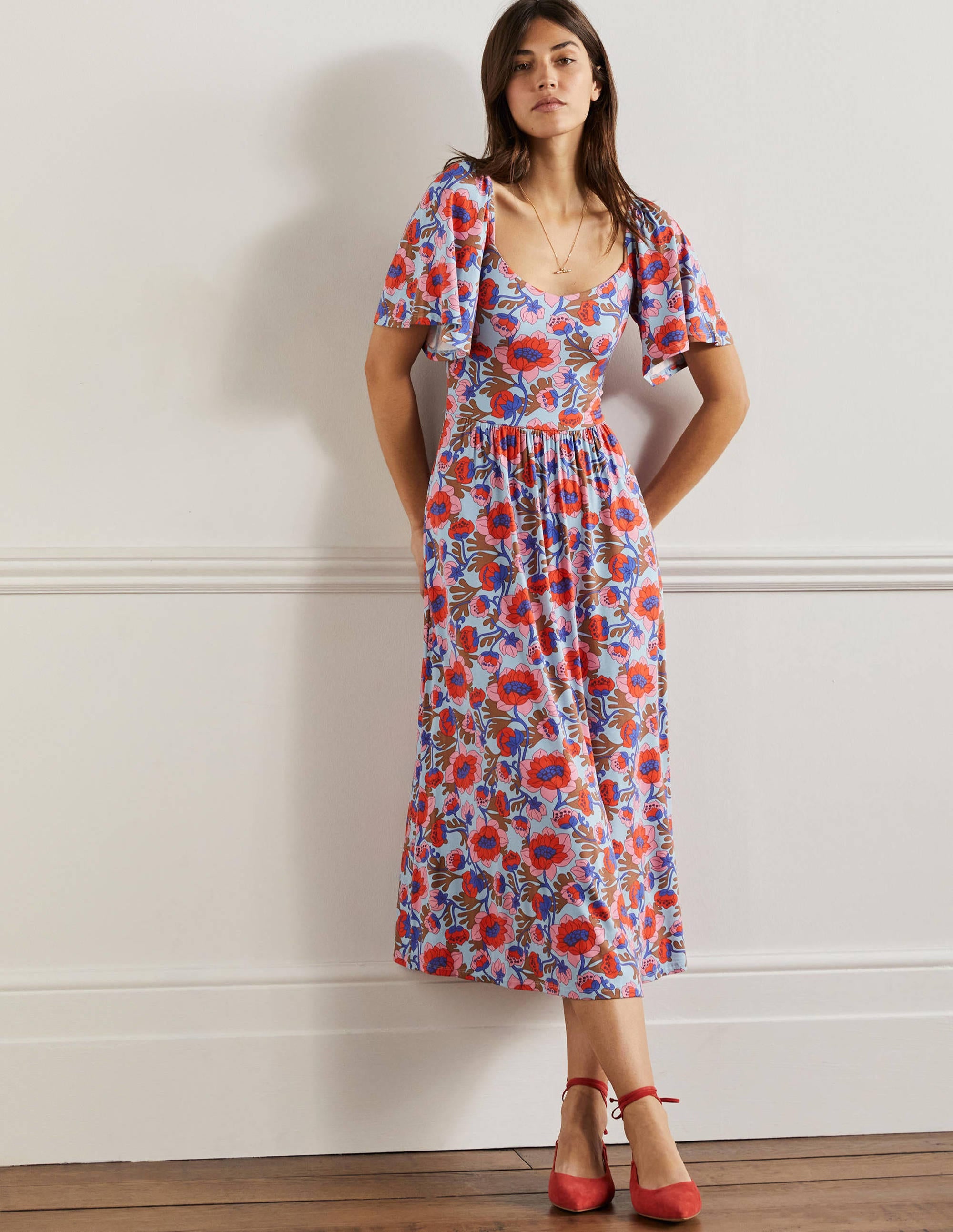 Jersey-Maxikleid mit Smokdetail-Graublau, Knospenmuster - Image 1