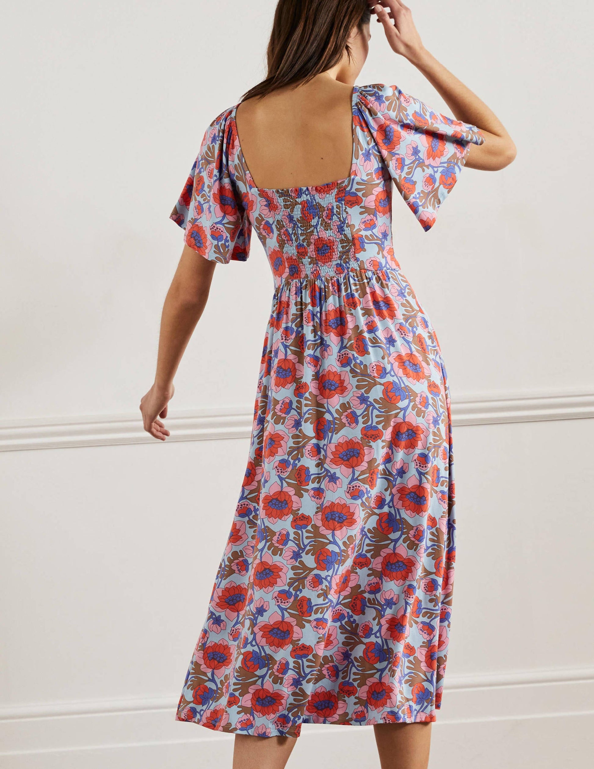 Jersey-Maxikleid mit Smokdetail-Graublau, Knospenmuster-3