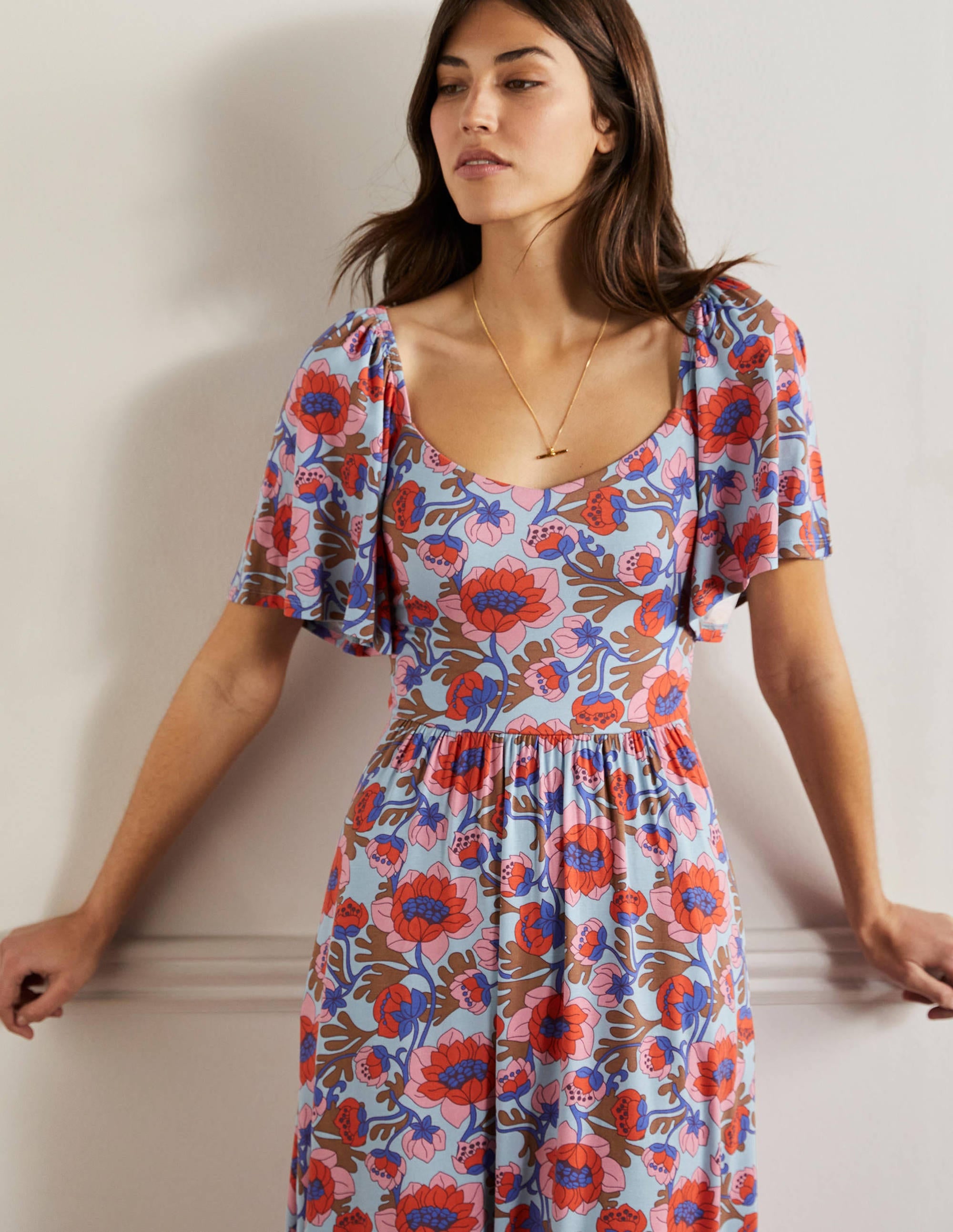 Jersey-Maxikleid mit Smokdetail-Graublau, Knospenmuster - Image 4