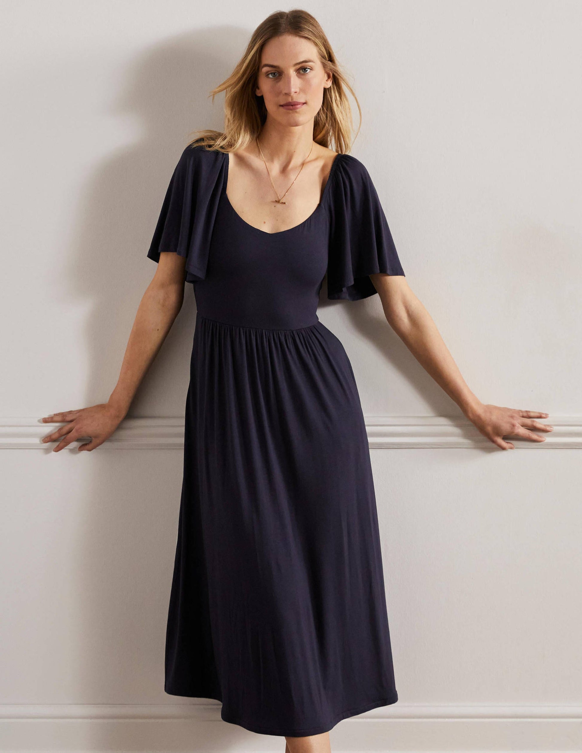 Smock Detail Jersey Maxi Dress-Navy-1