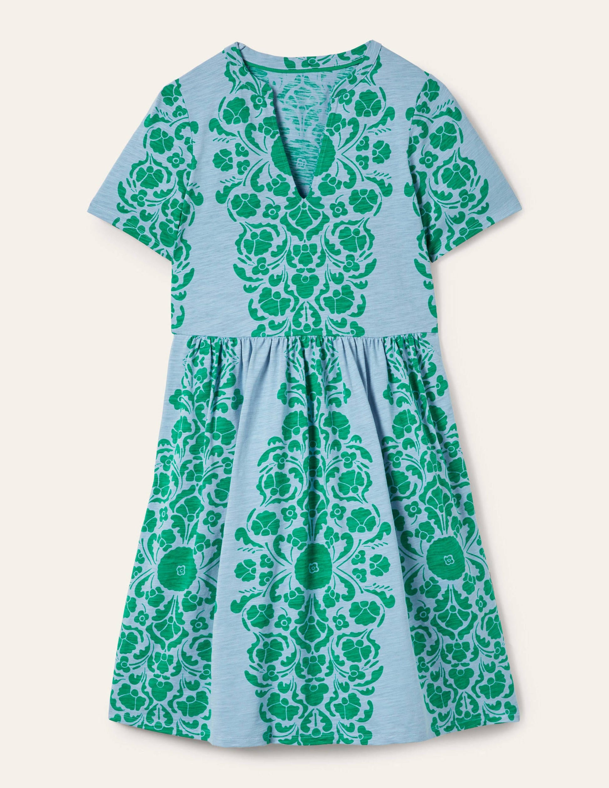 Einfaches Jerseykleid mit gekerbtem Ausschnitt-Graublau, Blumenmuster-7