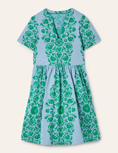 Einfaches Jerseykleid mit gekerbtem Ausschnitt-Graublau, Blumenmuster-7