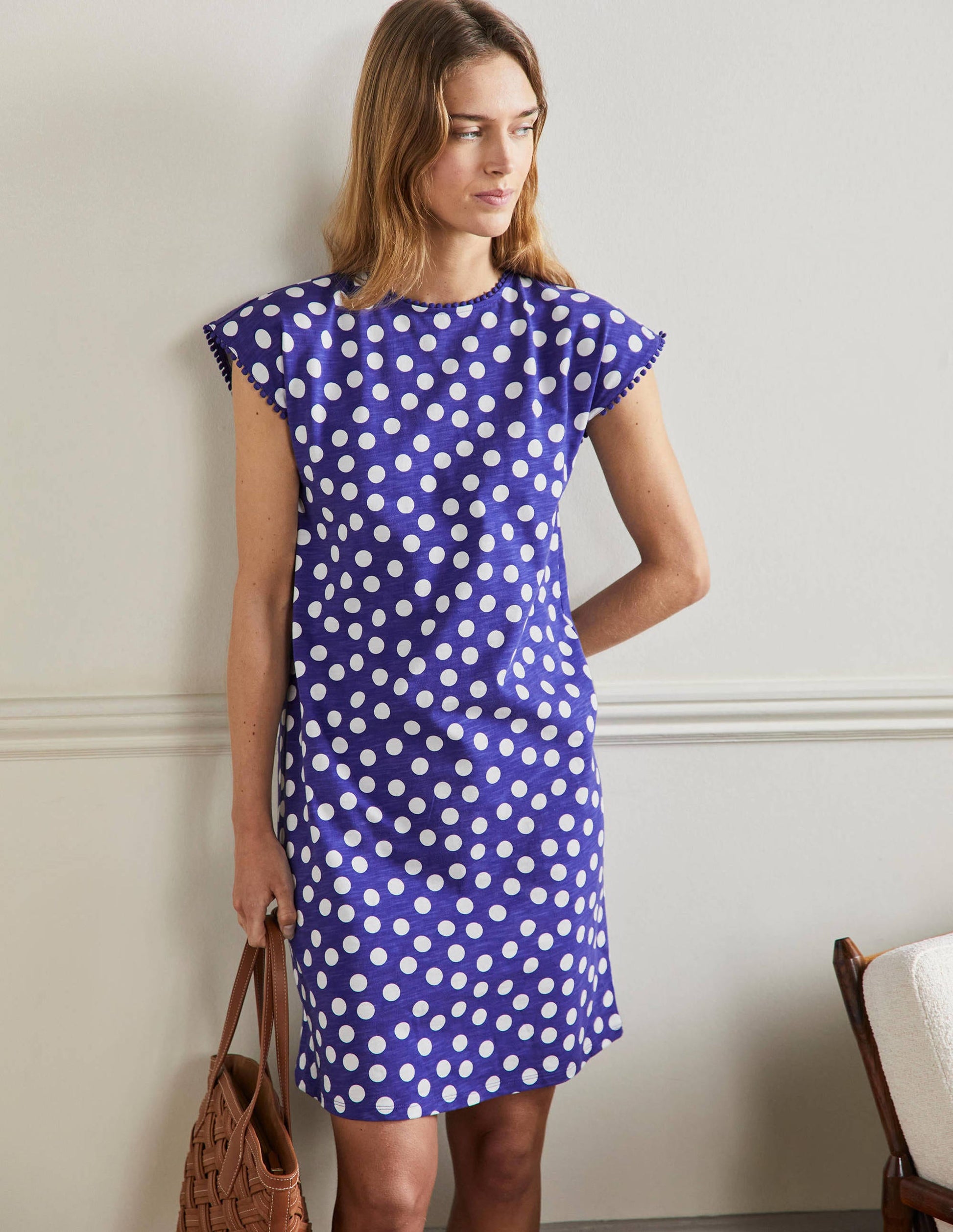 Trim Detail T-Shirt Dress-Atlantic Ocean, Scattered Dot-1
