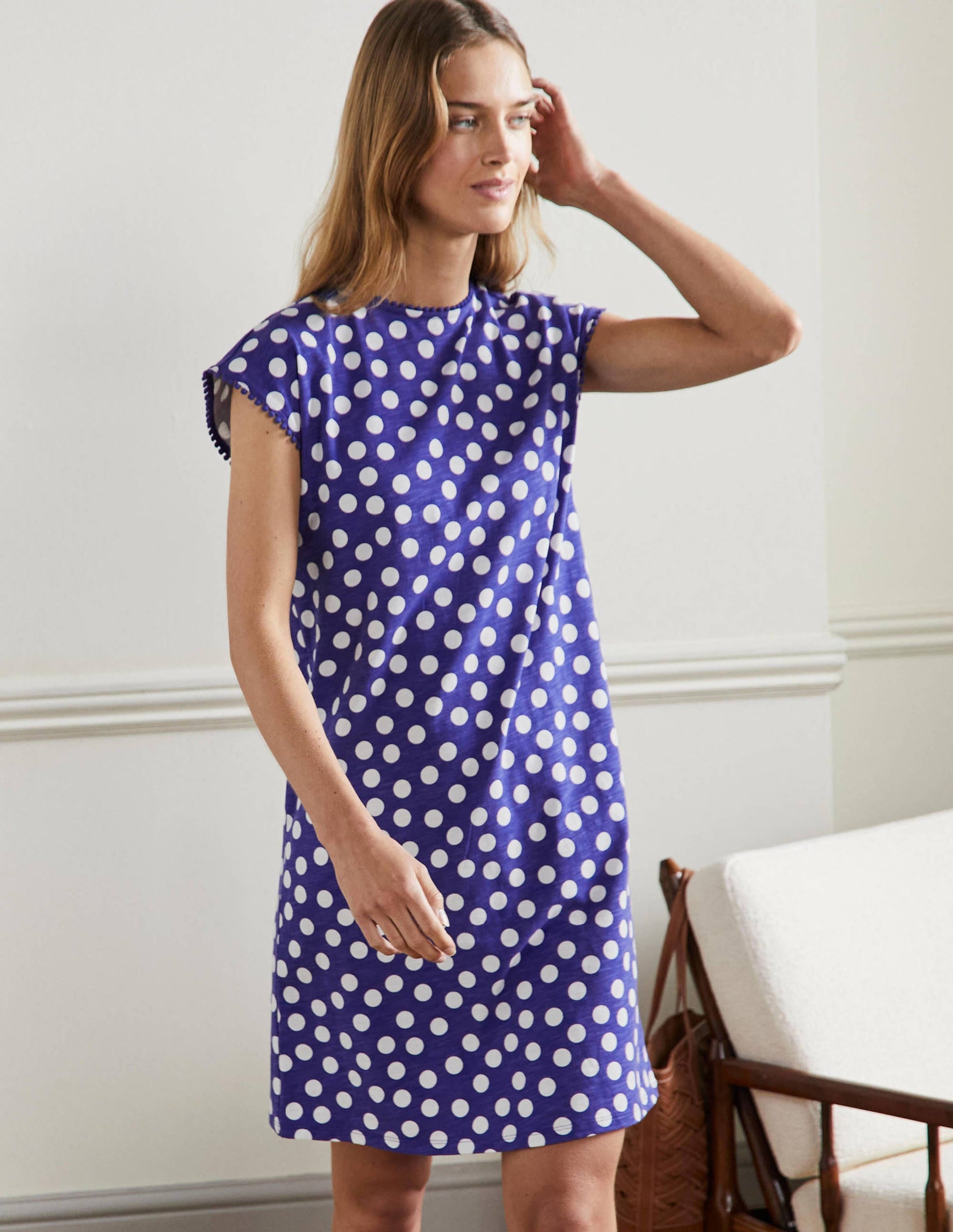 Trim Detail T-Shirt Dress-Atlantic Ocean, Scattered Dot-4