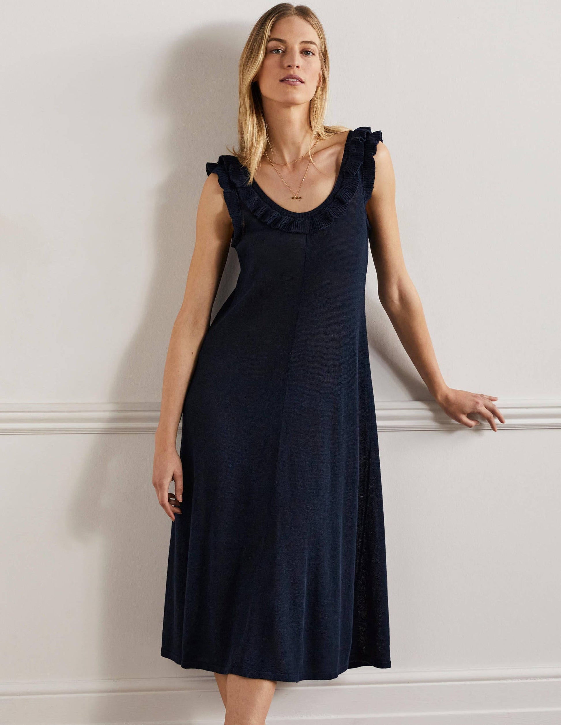 Strick-Midikleid mit gerüschtem Ausschnitt-Marineblau-5