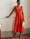 Strick-Midikleid mit gerüschtem Ausschnitt-Kräftiges Papayaorange