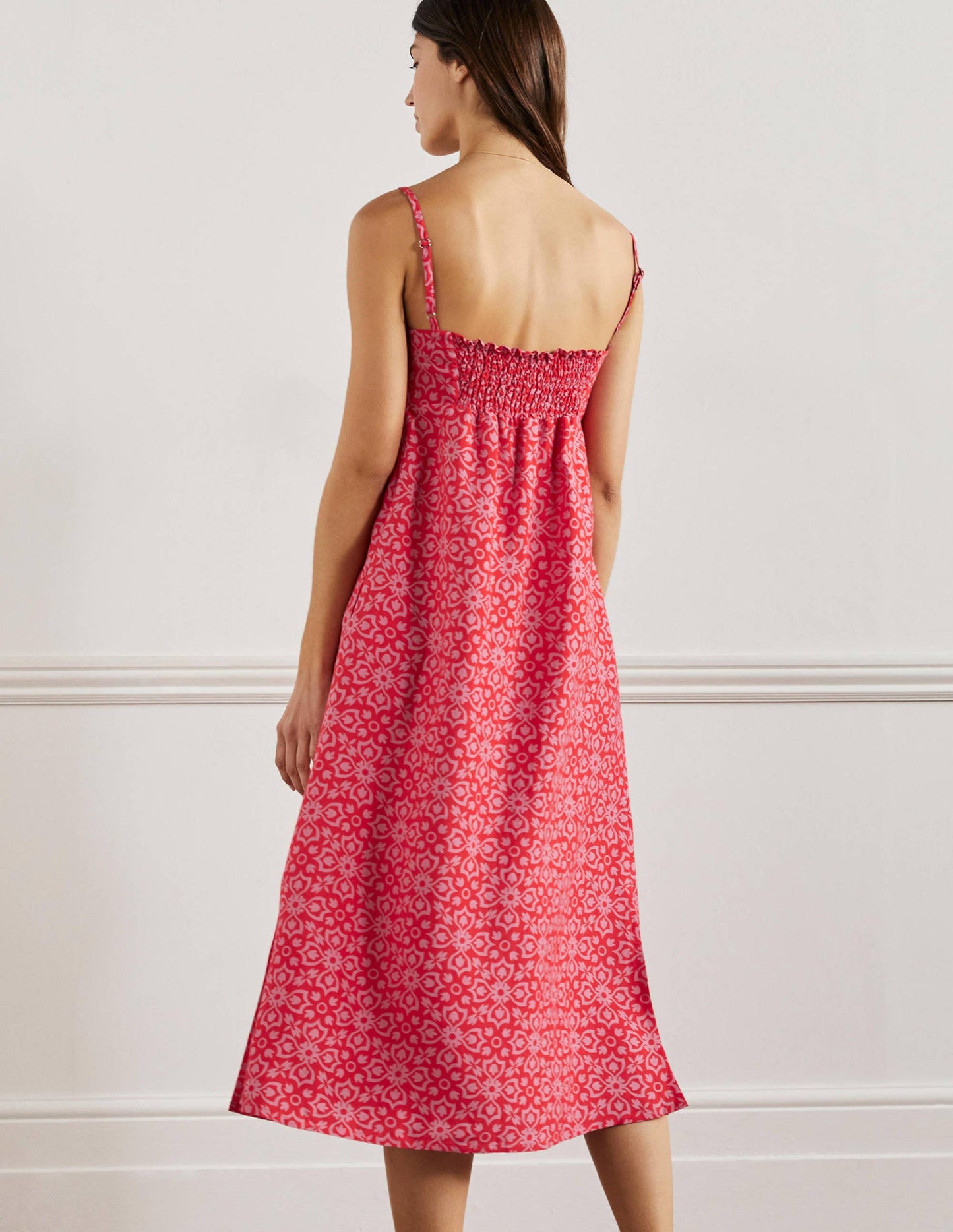 Midikleid mit Trägern-Drachenrot, Blumenfliesen