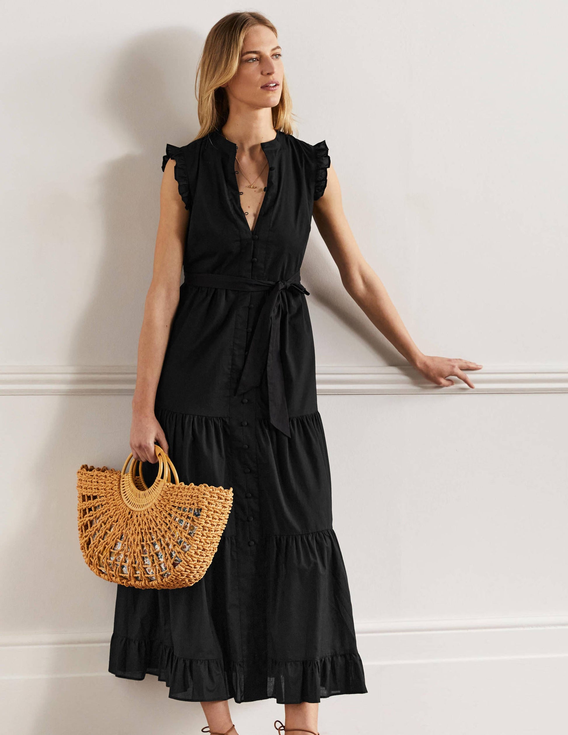 Gestuftes Maxikleid mit Rüschen-Schwarz-1