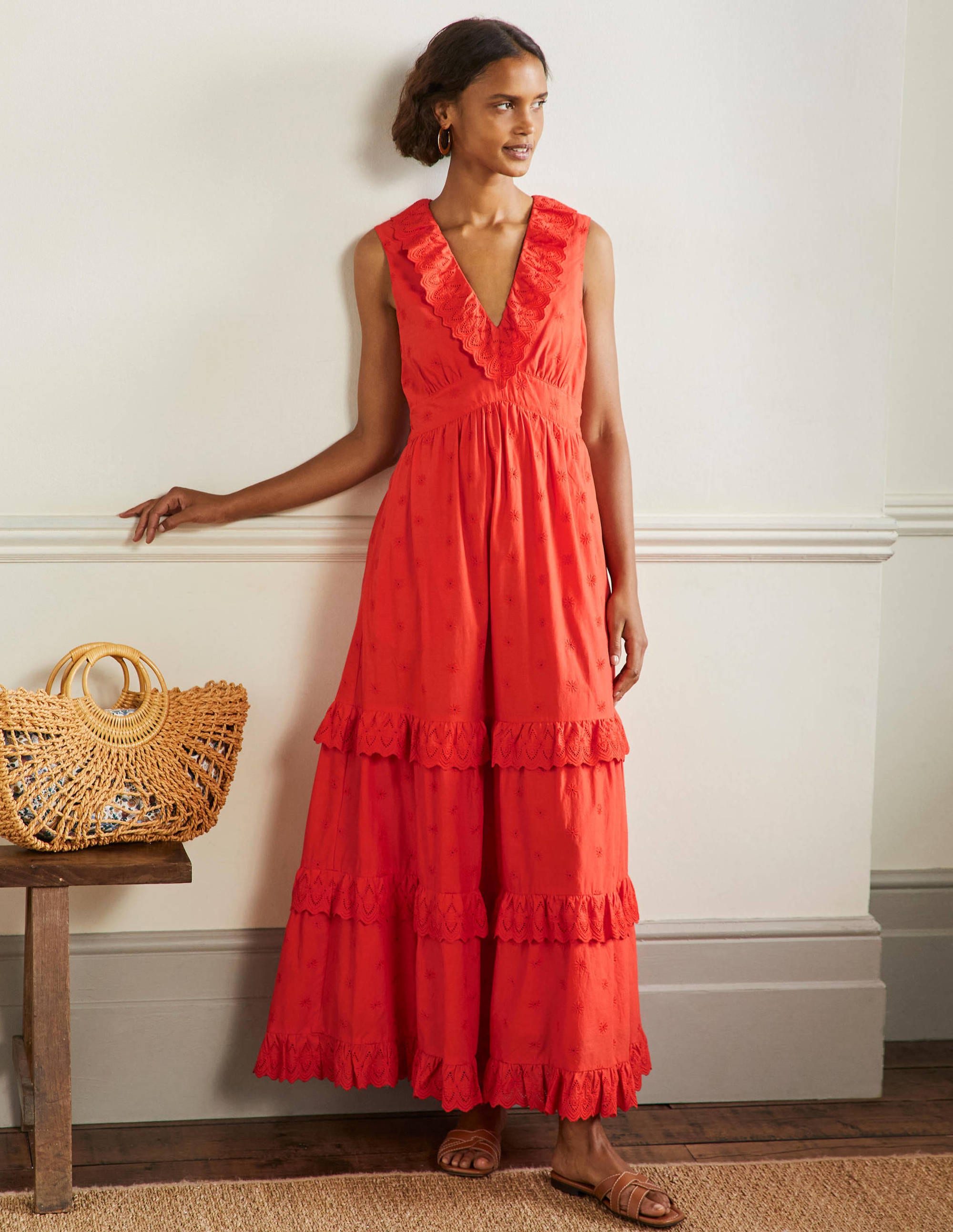Maxikleid mit Lochstickerei und Rüschen-Kräftiges Papayaorange - Image 1