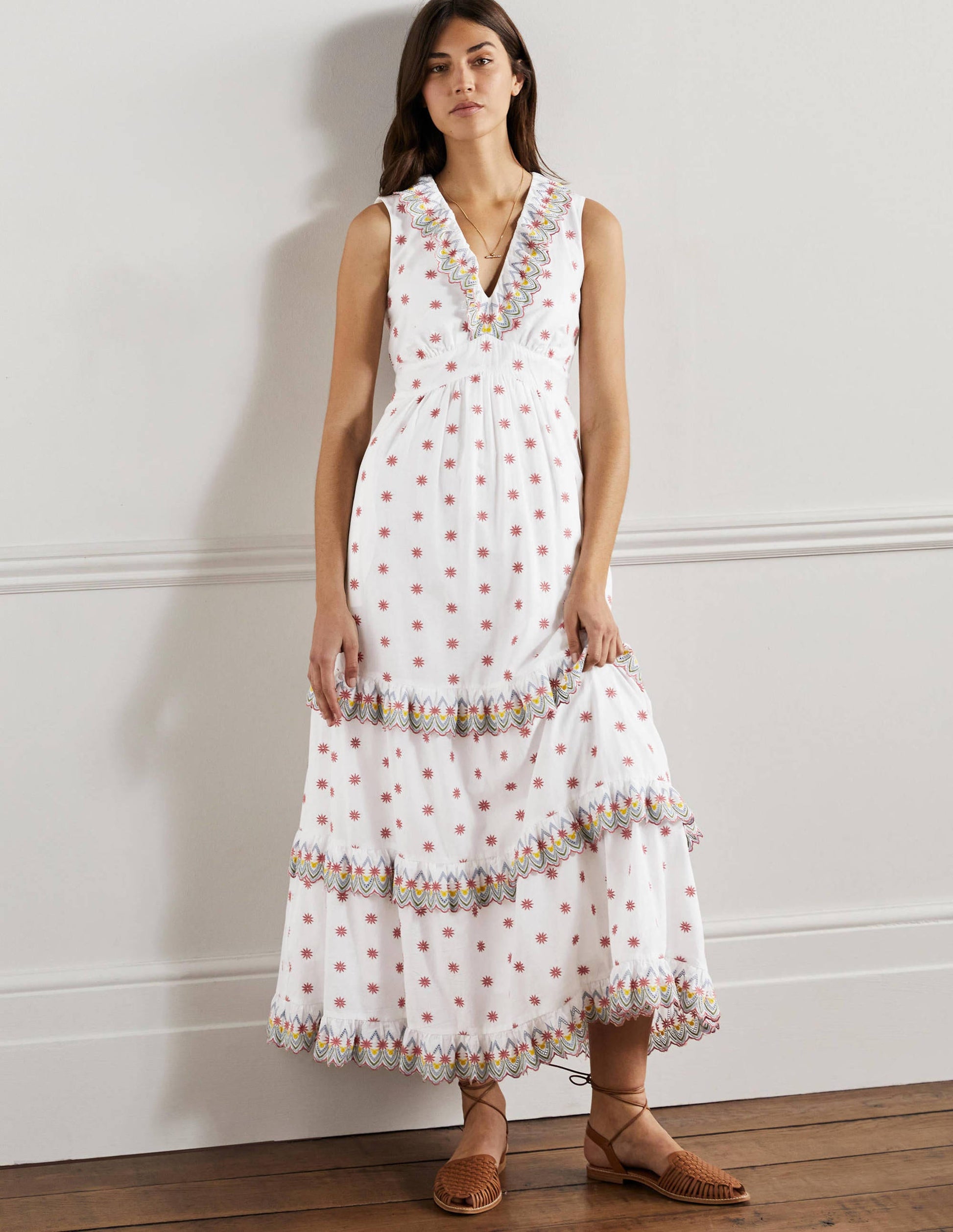Broderie Ruffle Maxi Dress-White-1