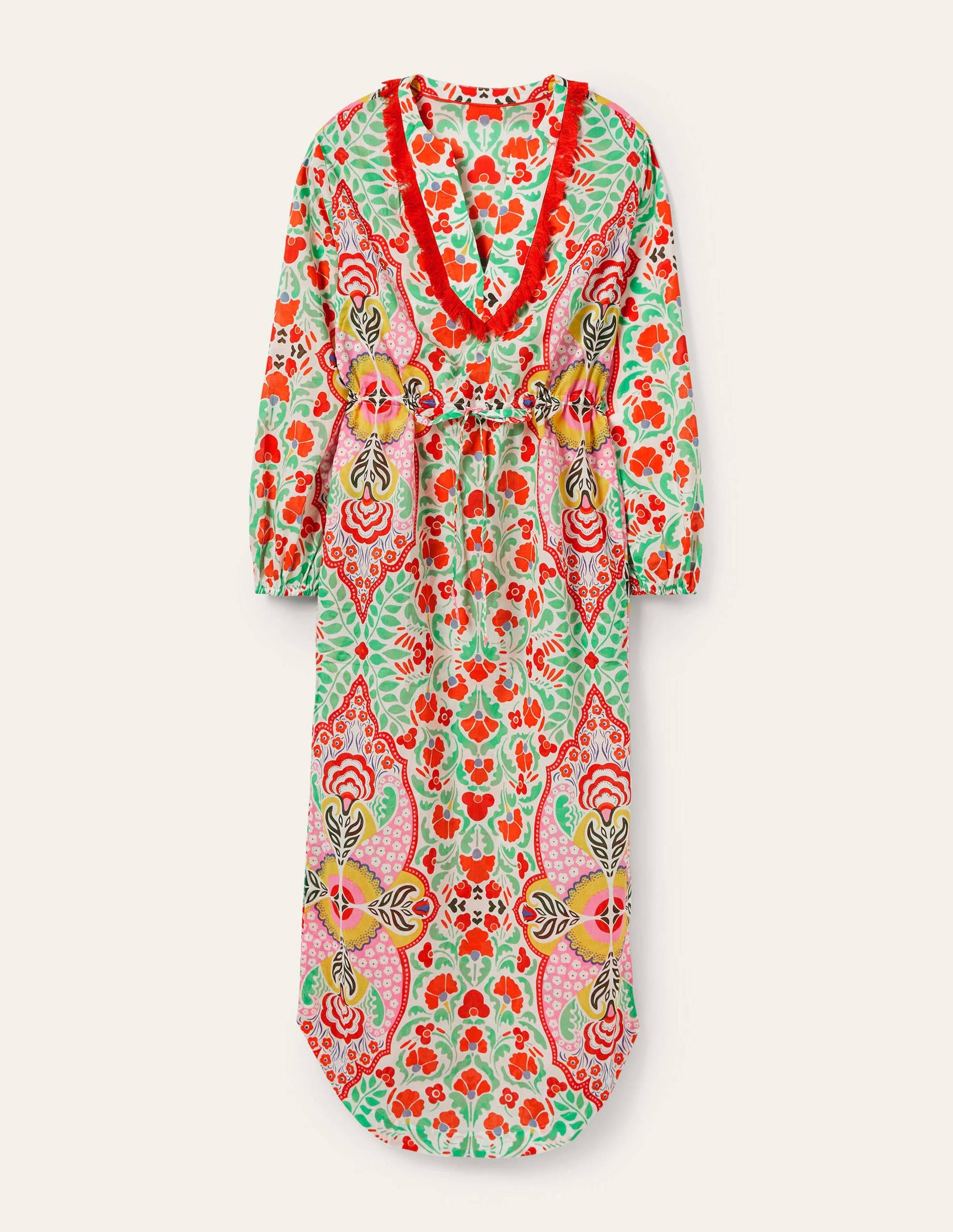 Kaftan-Maxikleid mit Bortendetail-Kräftiges Papayaorange, Zarte Knospen-5