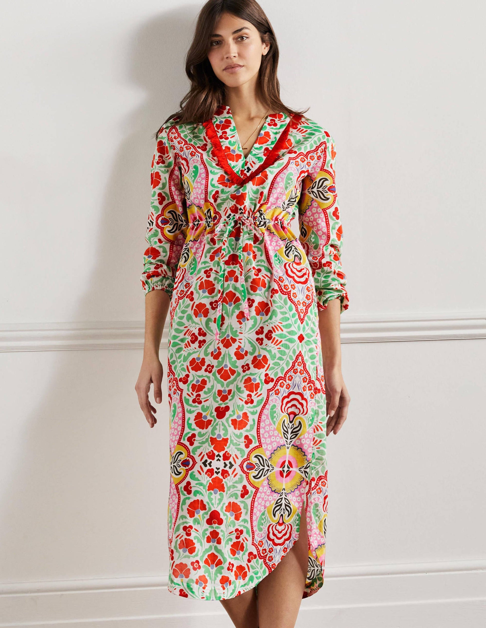 Kaftan-Maxikleid mit Bortendetail-Kräftiges Papayaorange, Zarte Knospen-1