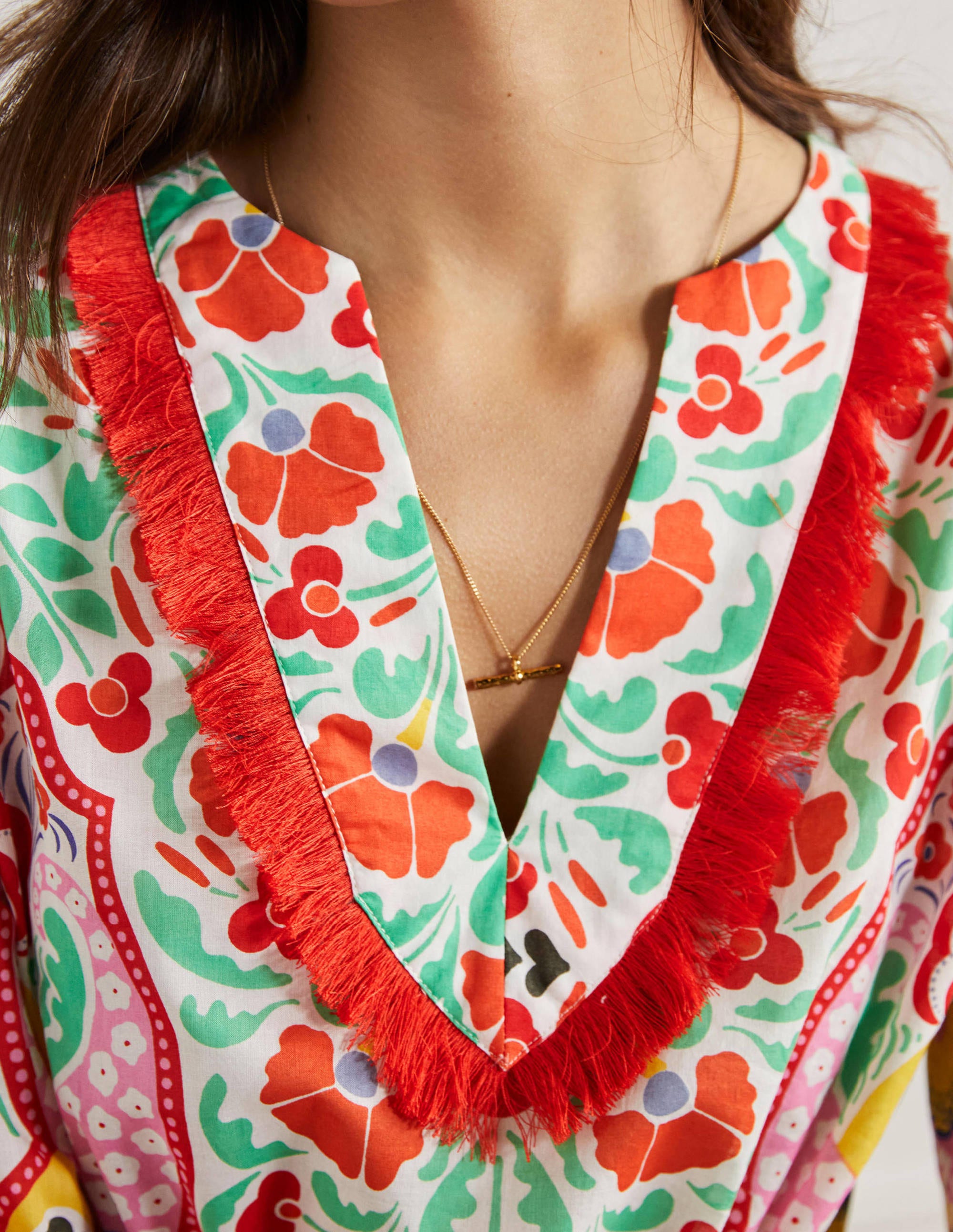Kaftan-Maxikleid mit Bortendetail-Kräftiges Papayaorange, Zarte Knospen - Image 2