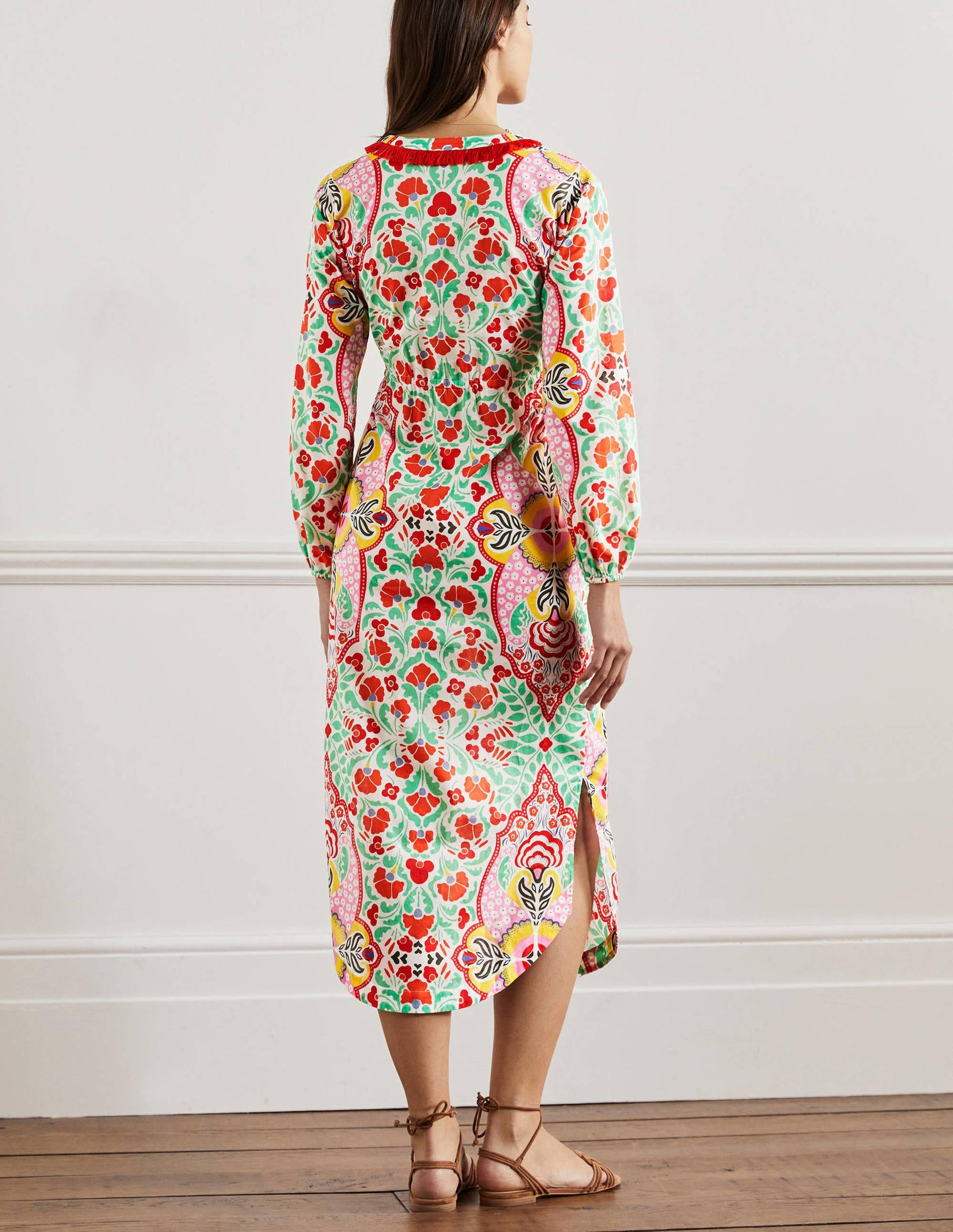 Kaftan-Maxikleid mit Bortendetail-Kräftiges Papayaorange, Zarte Knospen-3