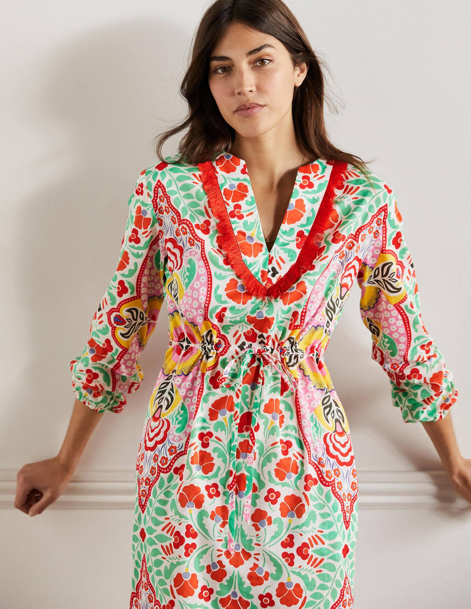 Kaftan-Maxikleid mit Bortendetail-Kräftiges Papayaorange, Zarte Knospen-4