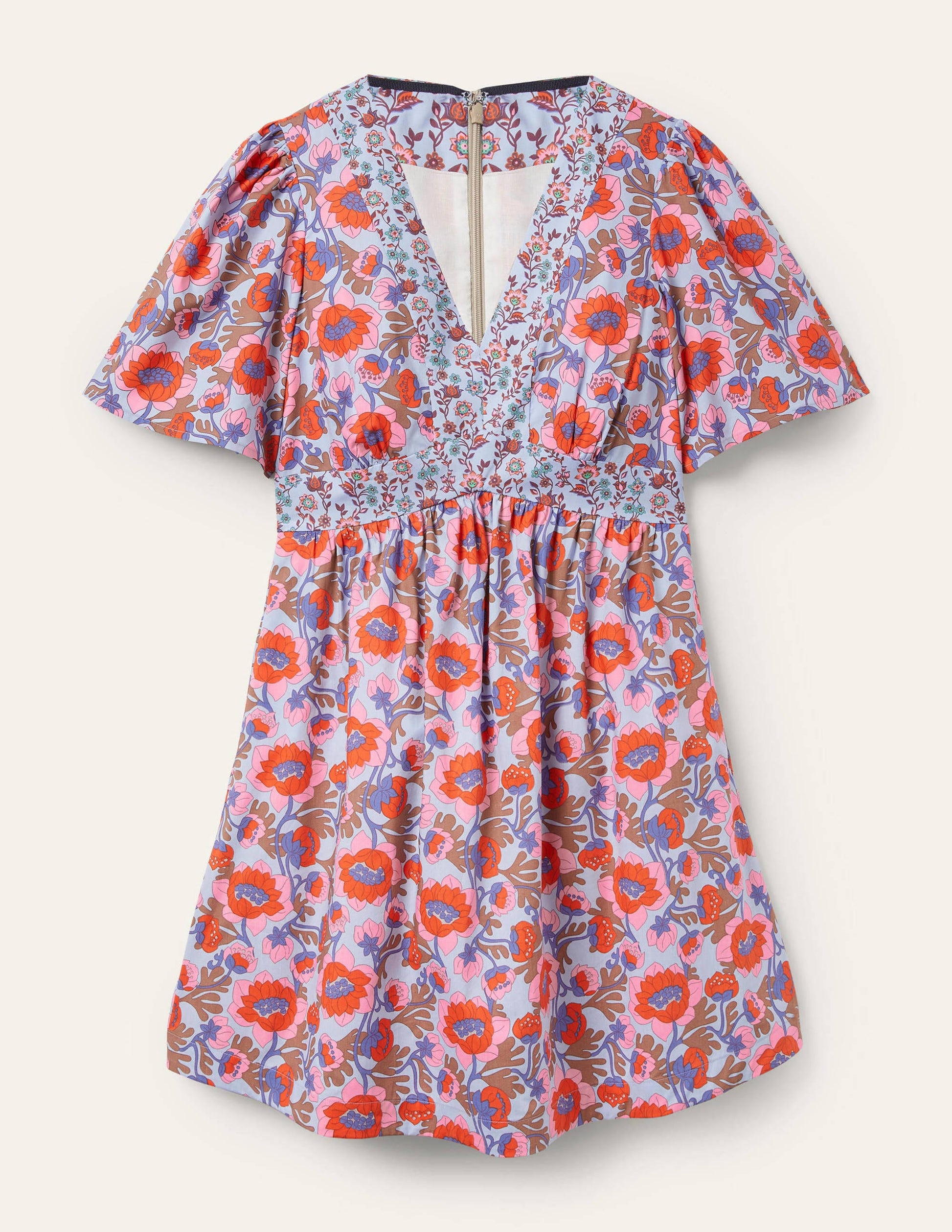 Kleid mit V-Ausschnitt und Kontrastdetail-Graublau, Knospenmuster-6