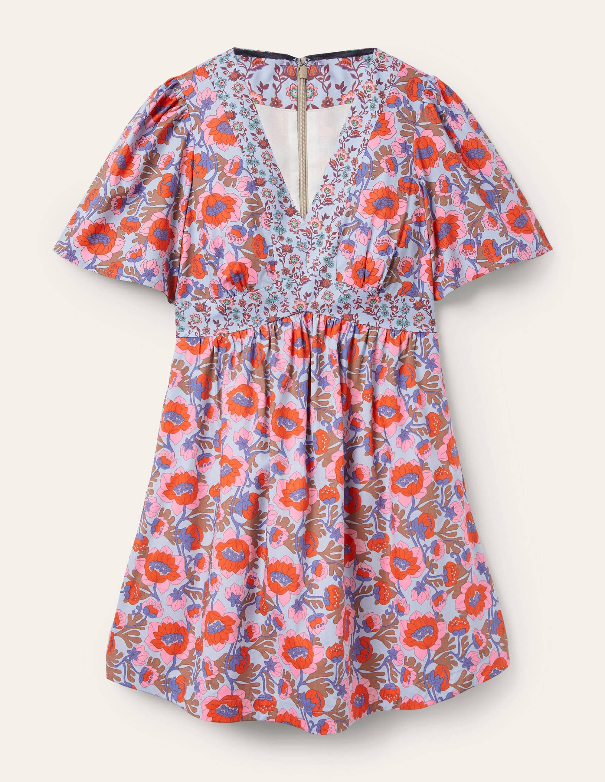 Kleid mit V-Ausschnitt und Kontrastdetail-Graublau, Knospenmuster - Image 6