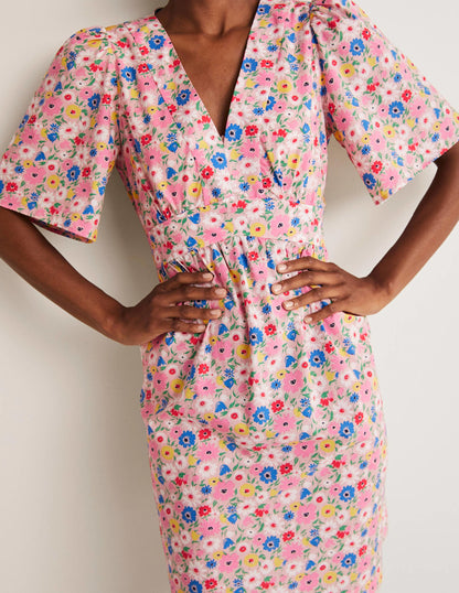 Kleid mit V-Ausschnitt und Kontrastdetail-Milchshake, Elegante Blüten-4