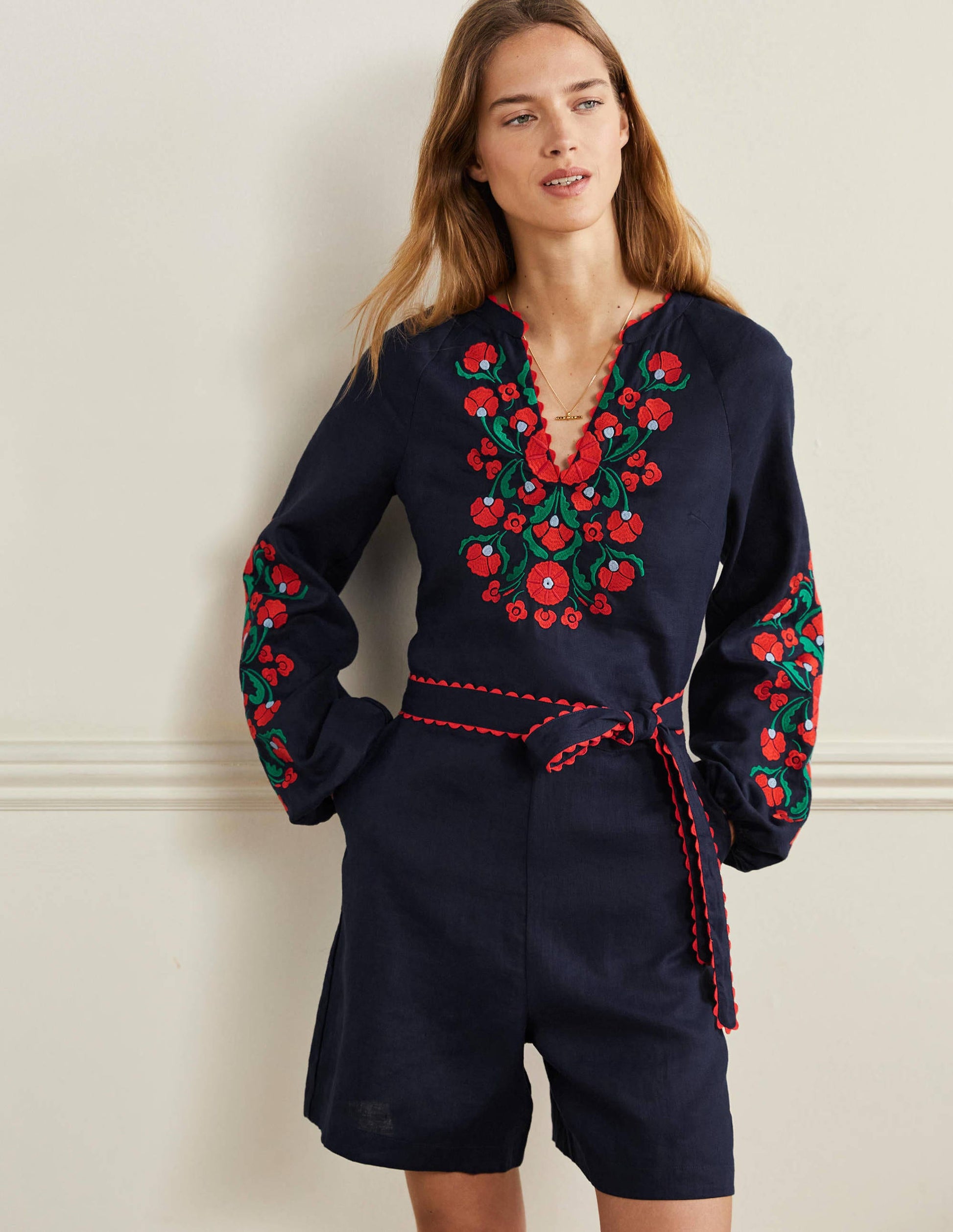 Gewebter Einteiler aus Leinen-Navy, Blumenmuster-1