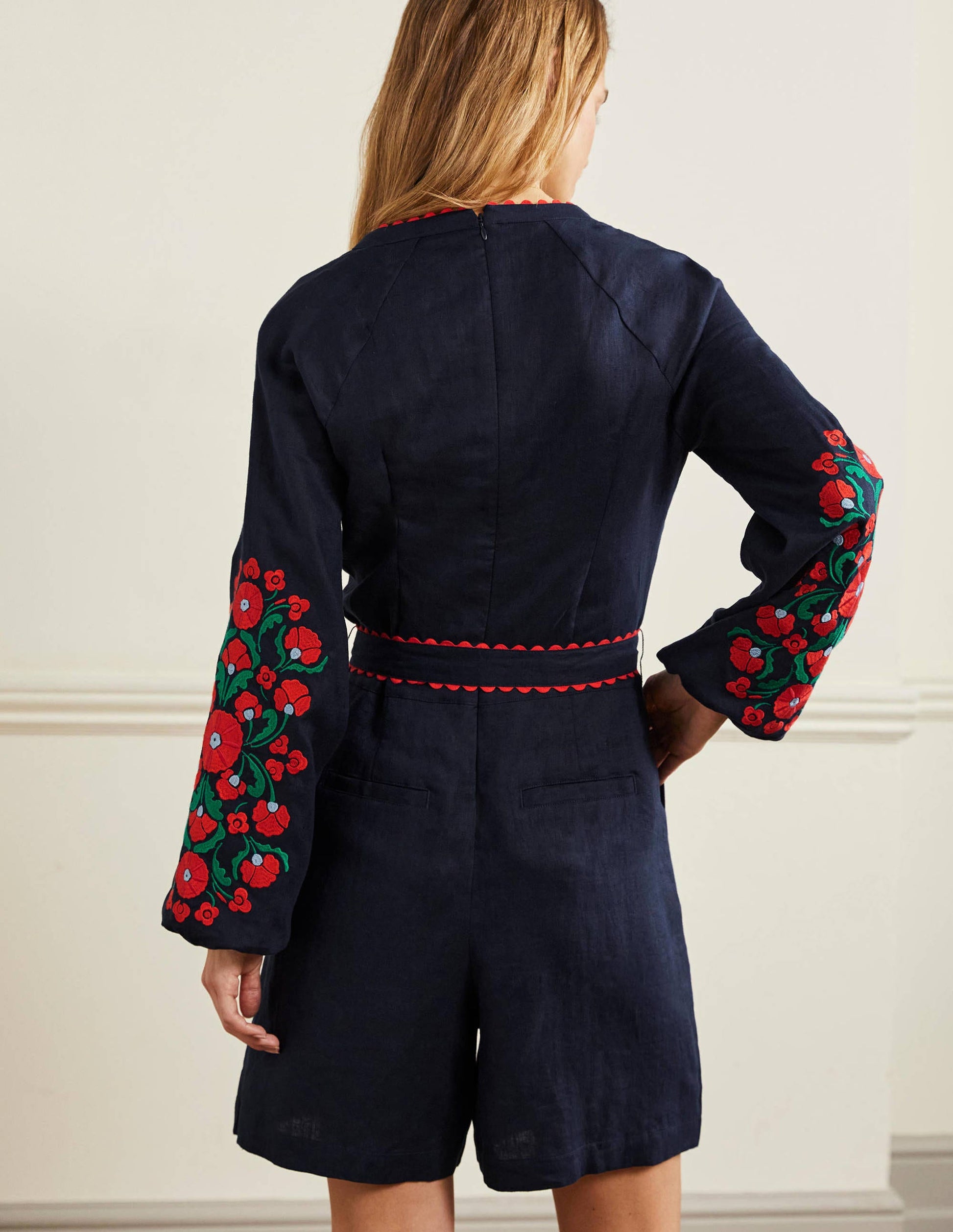 Gewebter Einteiler aus Leinen-Navy, Blumenmuster-3
