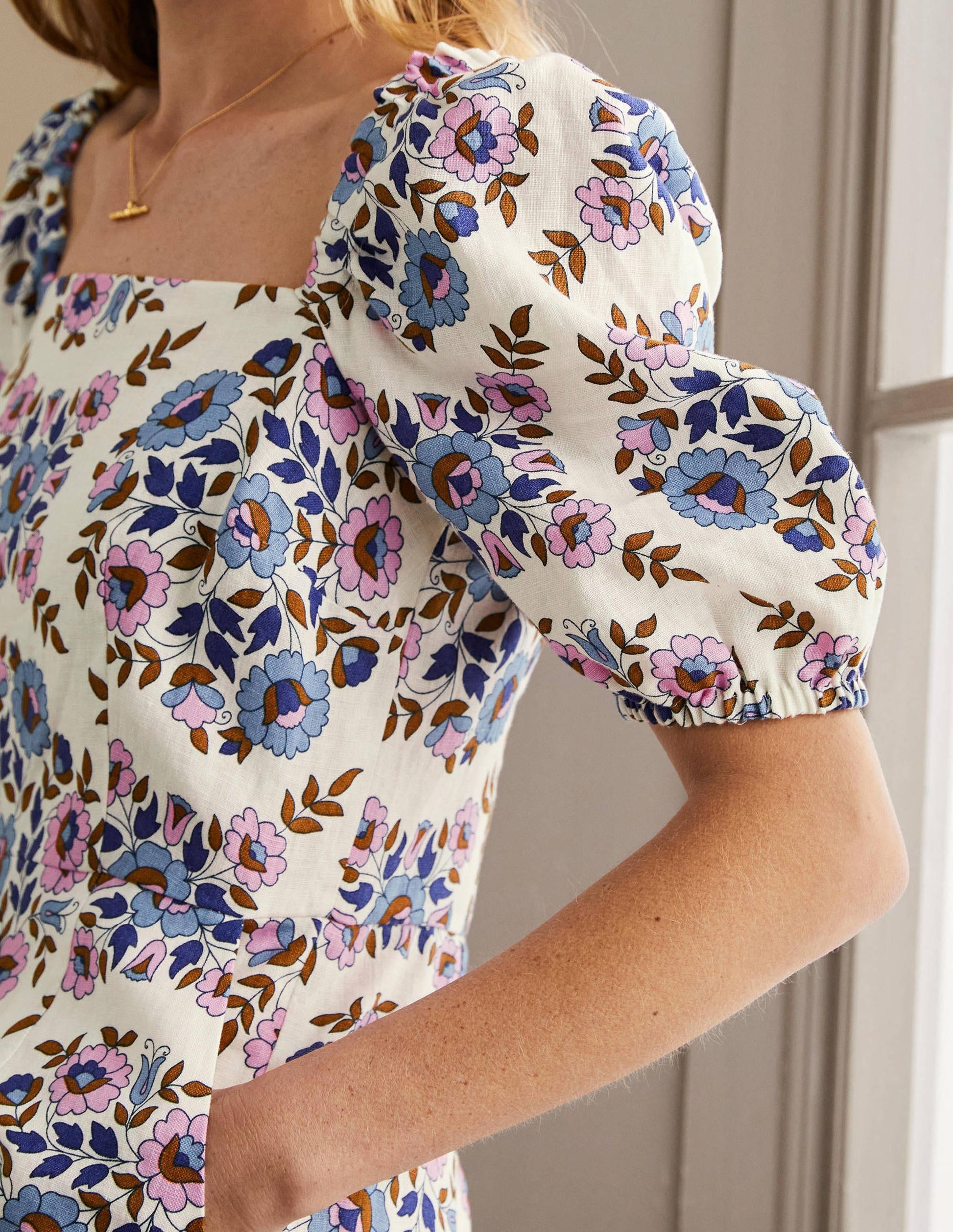 Leinen-Jumpsuit mit eckigem Ausschnitt-Bunt, Wildblumenmuster-2