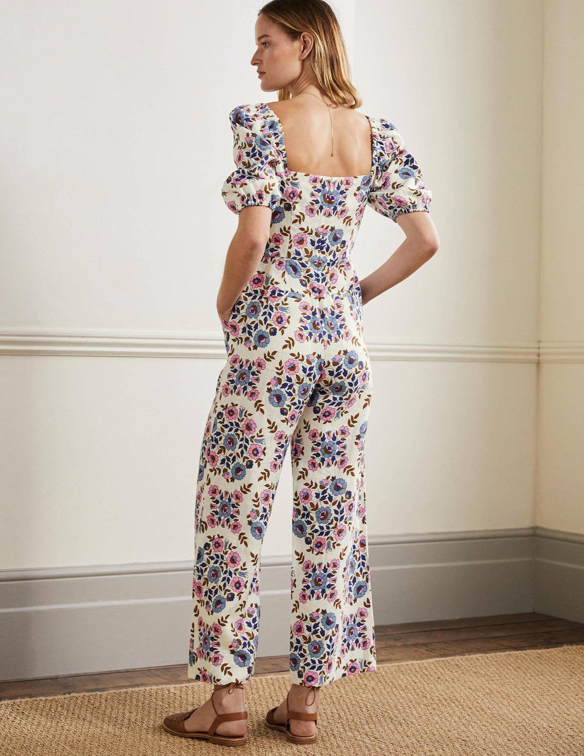 Leinen-Jumpsuit mit eckigem Ausschnitt-Bunt, Wildblumenmuster-3