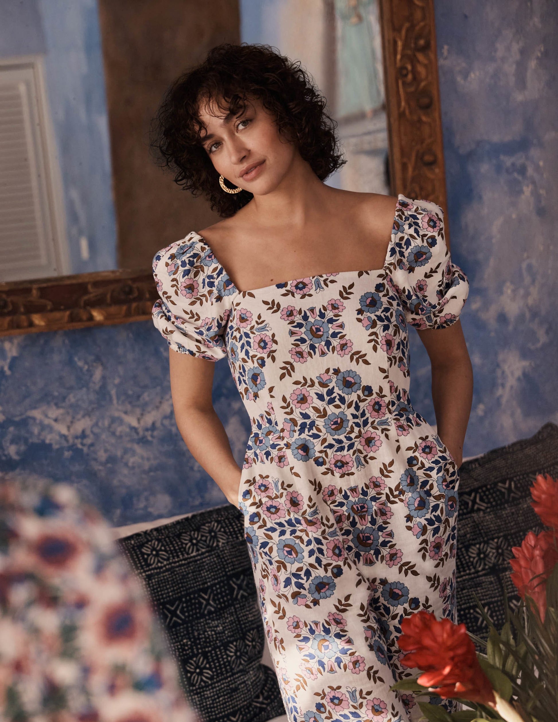 Leinen-Jumpsuit mit eckigem Ausschnitt-Bunt, Wildblumenmuster-6