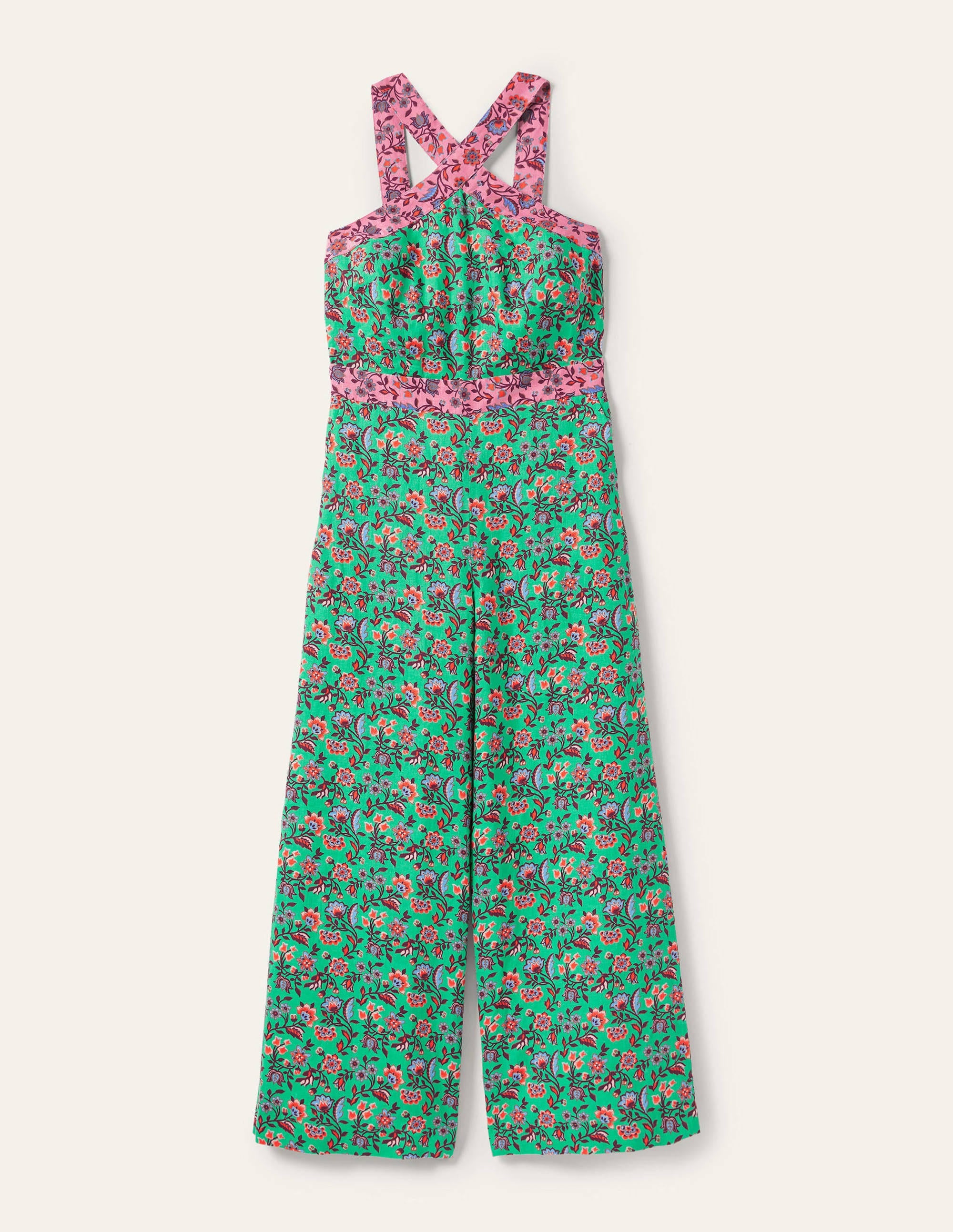 Leinen-Jumpsuit mit gekreuzten Trägern-Grüne Lagune, Orientalische Wiese - Image 6
