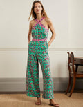 Leinen-Jumpsuit mit gekreuzten Trägern-Grüne Lagune, Orientalische Wiese