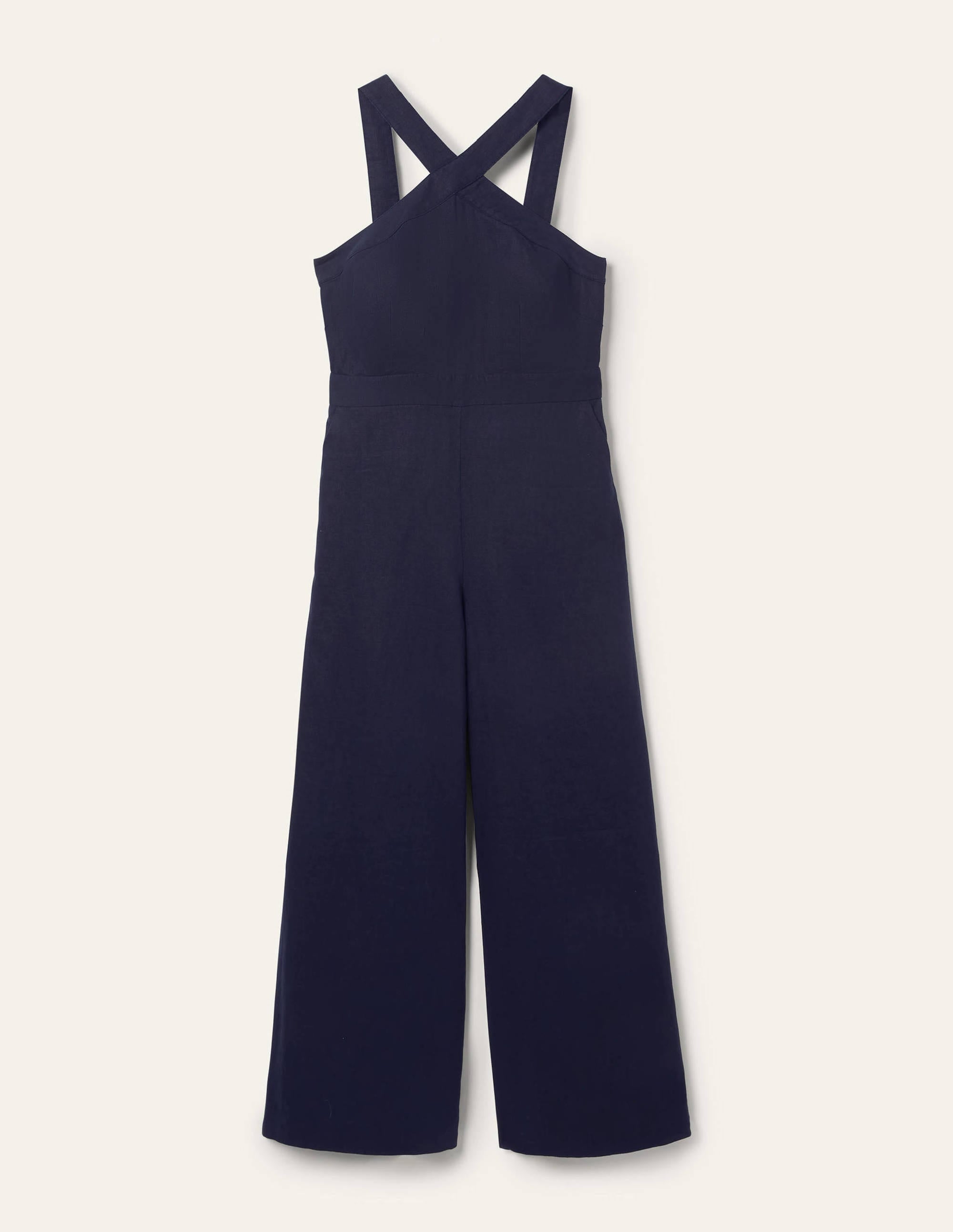 Leinen-Jumpsuit mit gekreuzten Trägern-Marineblau - Image 5