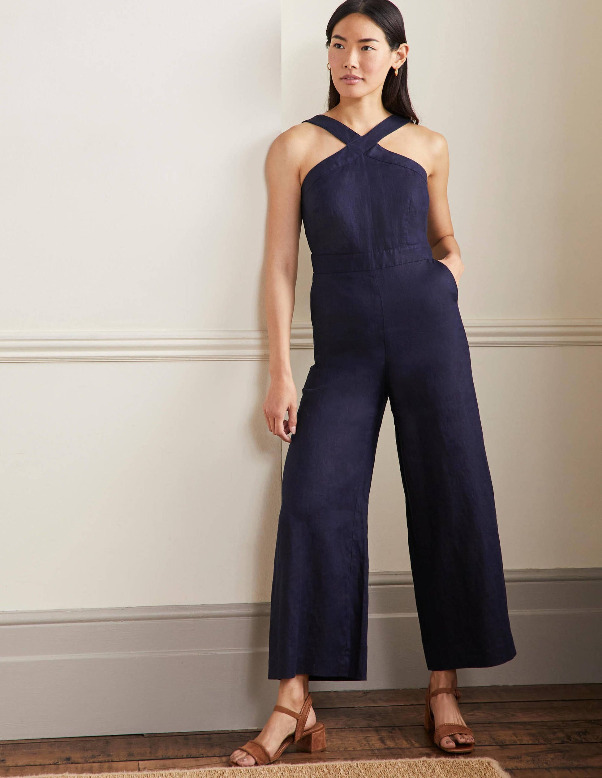 Leinen-Jumpsuit mit gekreuzten Trägern-Marineblau-1