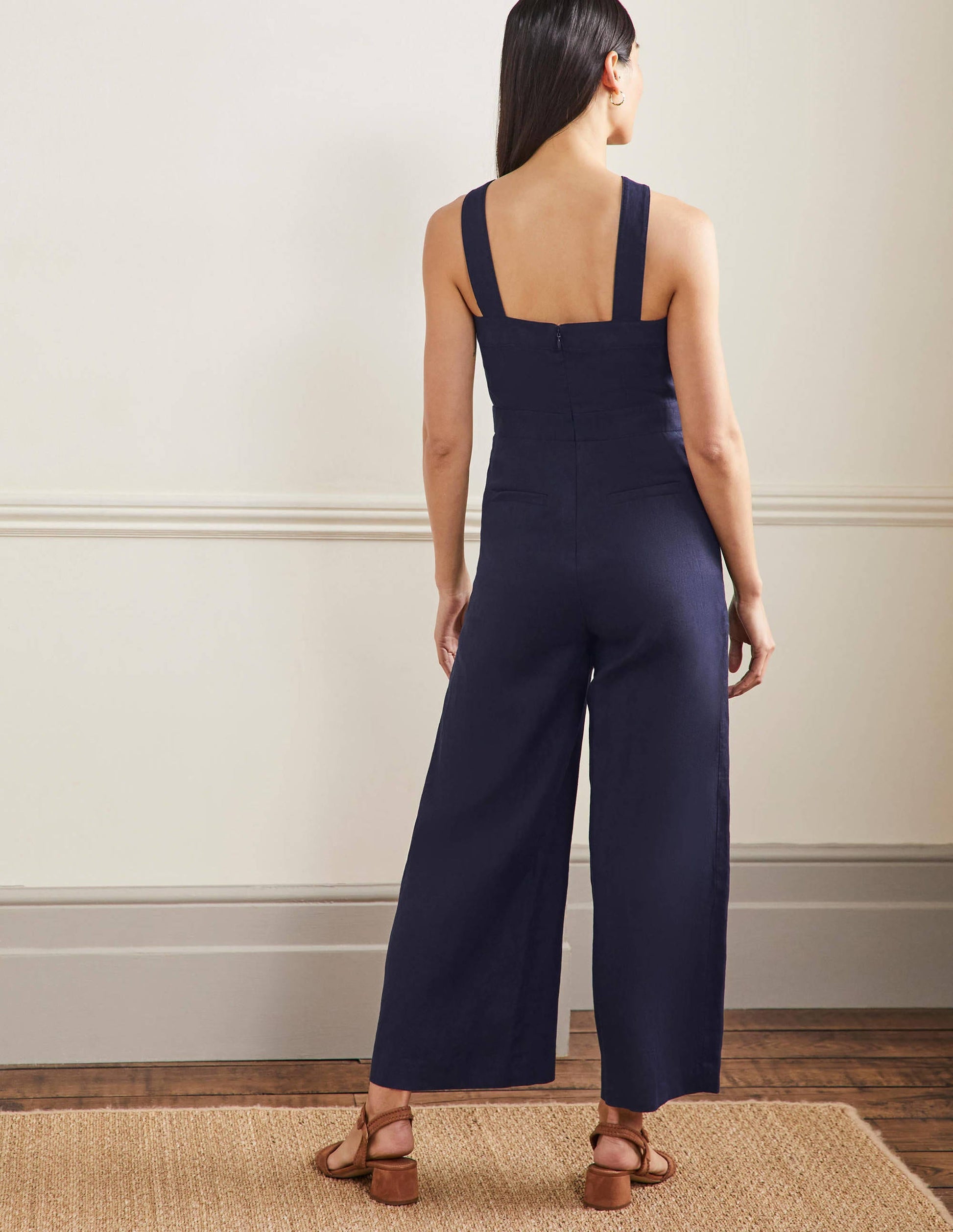 Leinen-Jumpsuit mit gekreuzten Trägern-Marineblau-3